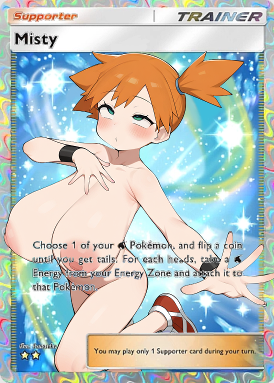 1girls ahe_gao areolae bikini blush breasts card crossed_eyes english eye_roll green_eyes misty_(pokemon) navel nipples orange_hair ponytail sneakers solo standing text wristband