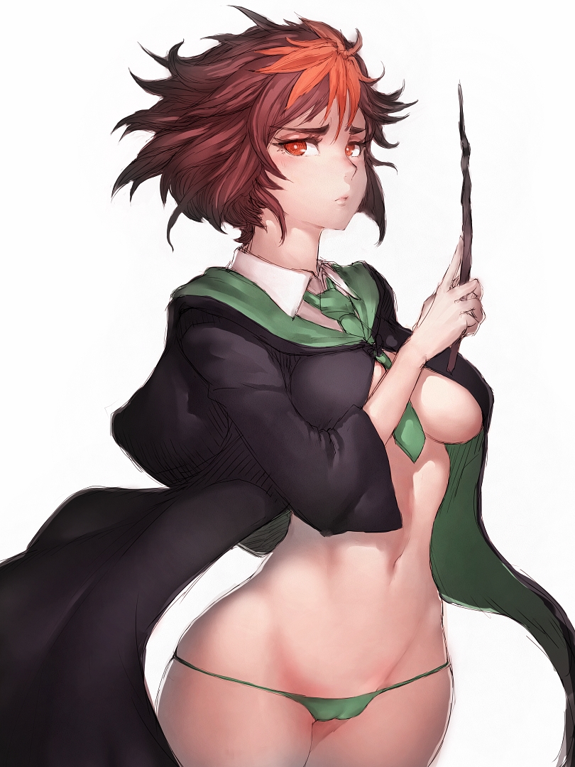 bare_pussy breasts cameltoe cleavage female female_only fumio_(rsqkr) green_panties hairless_pussy harry_potter harry_potter:_hogwarts_mystery hogwarts hogwarts_student looking_at_viewer magic_wand medium_breasts merula_snyde no_bra open_robe panties schoolgirl shaved_pussy slytherin slytherin_panties slytherin_tie solo underboob witch wizard_robe