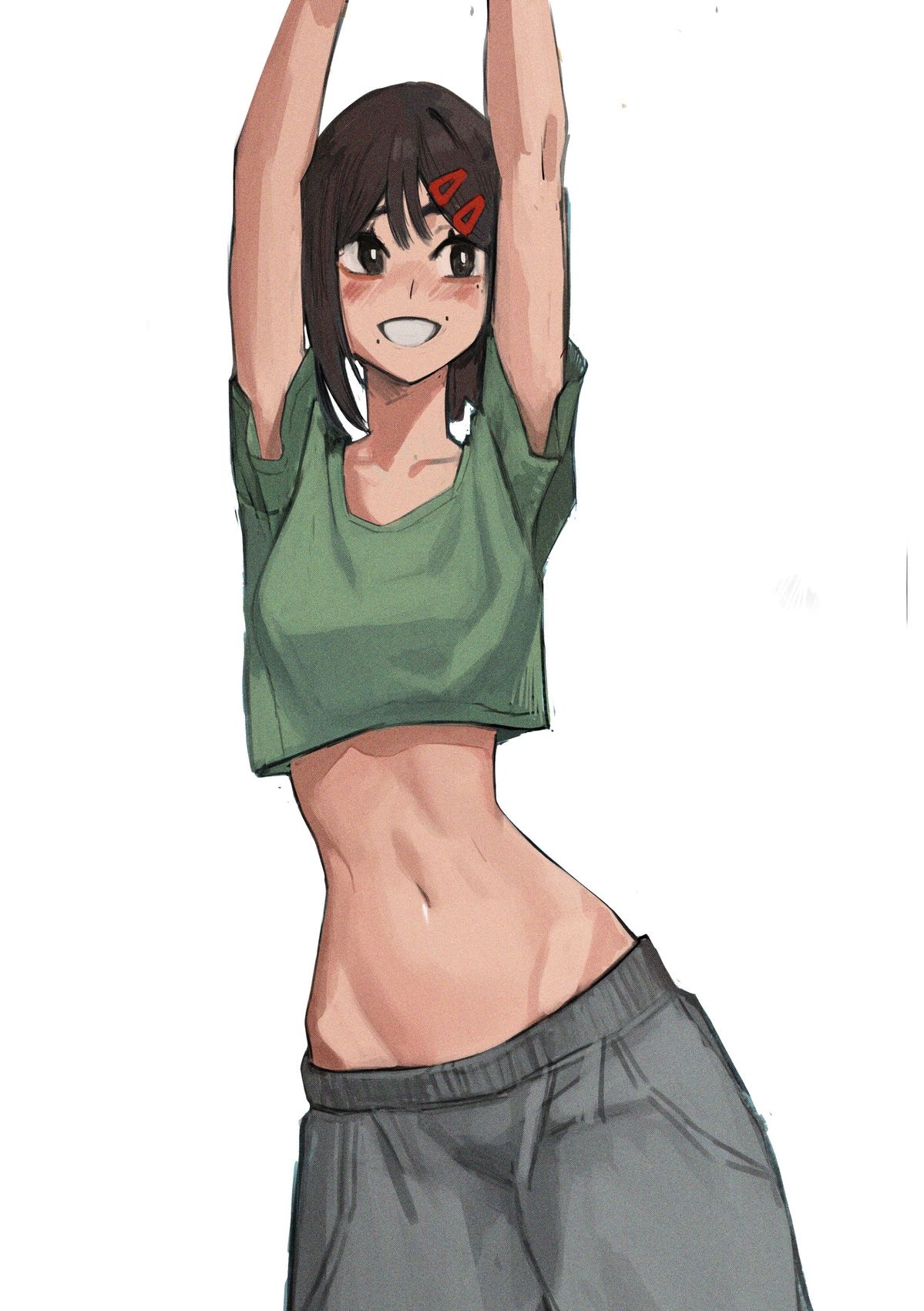 abs, arms up, belly button, black eyes, black hair, chainsaw man, crop top, cuaaaaack, female, green shirt, higashiyama kobeni, kobeni higashiyama, midriff, petite, short hair, smile, tefiblum, toned, white background