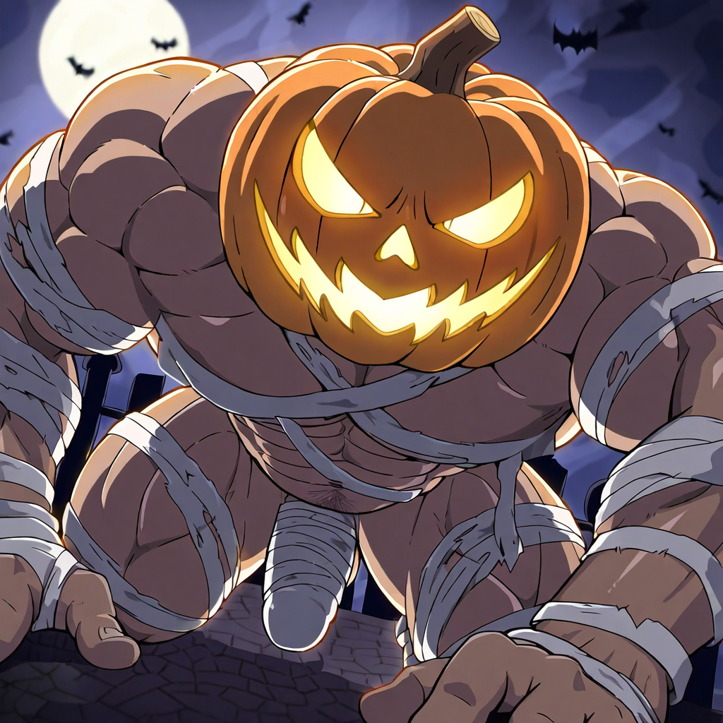 abs ai_generated bara biceps big_bulge bulge erection_under_clothes halloween holidays male male_only manly muscular_male nude pecs penis_outline pumpkin pumpkin_head pumpkin_head_(character)