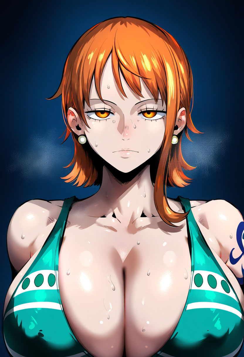 ai_generated arms_behind_back bored breasts cleavage closed_mouth clothing covered_nipples expressionless facing_viewer female female_focus female_only gloopai huge_breasts looking_at_viewer looking_down nai_diffusion nami nami_(one_piece) neutral_expression nipple_bulge nipples nipples_visible_through_clothing one_piece shirt short_hair solo solo_female staring staring_at_viewer sweat sweatdrop sweating sweaty uninterested