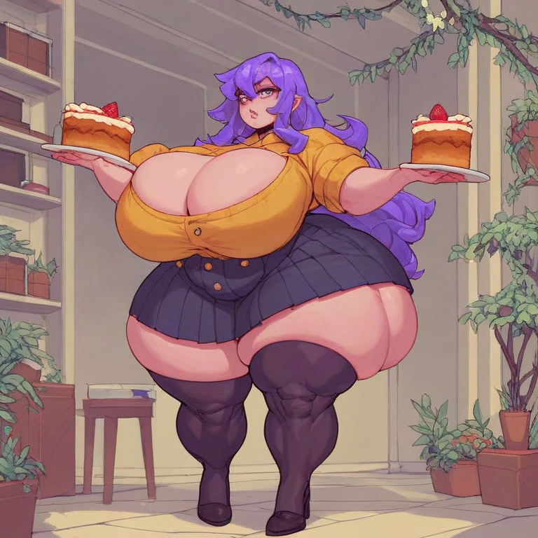 ai_generated cake clothing huge_breasts purple_hair voluptuous_female