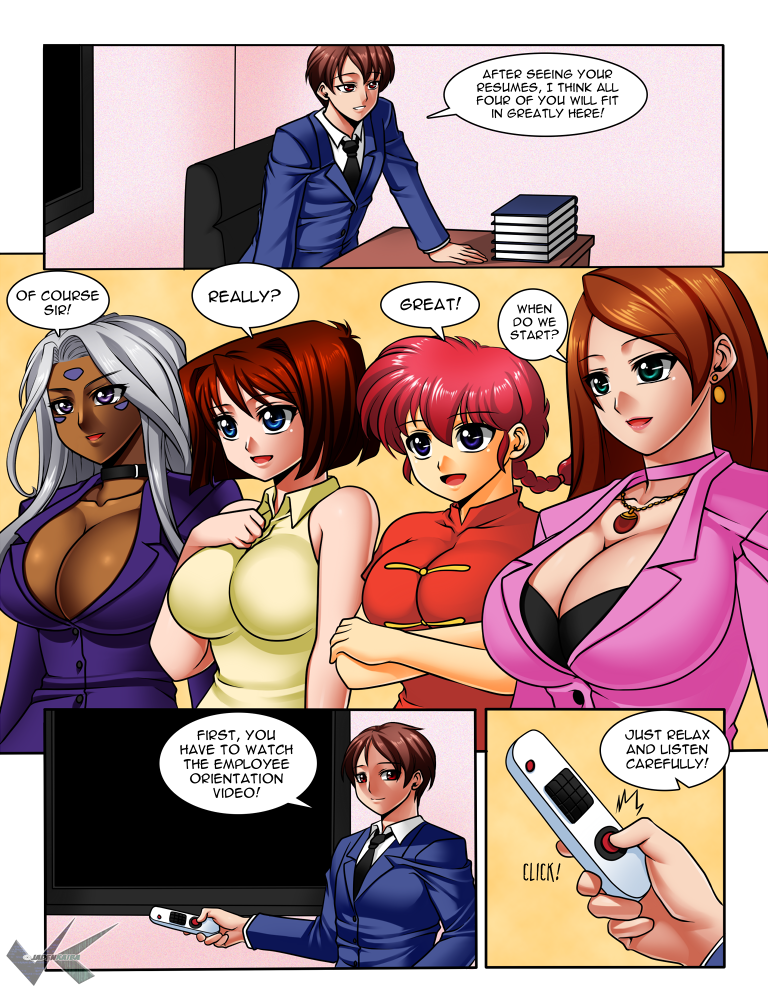 1boy 4girls book breasts brown_hair busty canon_genderswap choker cleavage clothing collette_(daveyboysmith) comic crossover dark-skinned_female dark_skin daveyboysmith_(character) earrings genderswap_(mtf) harem hourglass_figure jadenkaiba large_breasts long_hair mind_control multiple_girls necklace oh_my_goddess! open_mouth original original_character ponytail ranma-chan ranma_1/2 ranma_saotome red_hair rule_63 short_hair silver_hair tea_gardner text tie urd voluptuous yu-gi-oh!