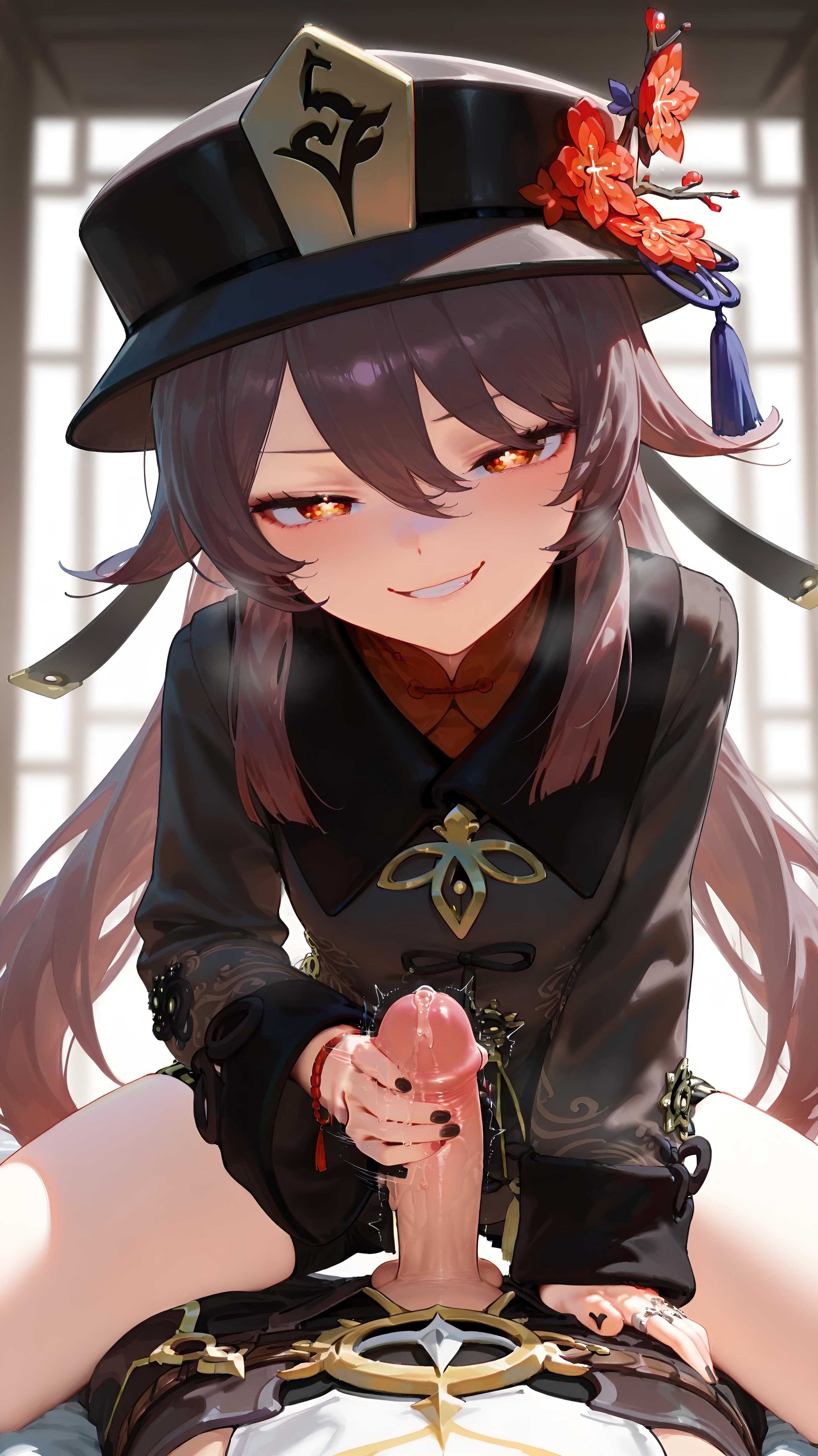 1boy, 1girls, aether (genshin impact), ai generated, balls, blush, brown hair, clothed, clothing, cowgirl position, cute, dot nose, eye contact, female, genshin impact, handjob, happy, hat, hu tao (genshin impact), imminent oral, light skin, light-skinned female, long hair, long sleeves, looking at viewer, male, nail polish, naughty face, oral, pale skin, pale-skinned female, penis, penis grab, petite, petite female, pigtails, pov, pov male, precum, red eyes, seductive eyes, seductive smile, skinny, slim, smile, smug, straddling, teenager, testicles, thighs, twintails