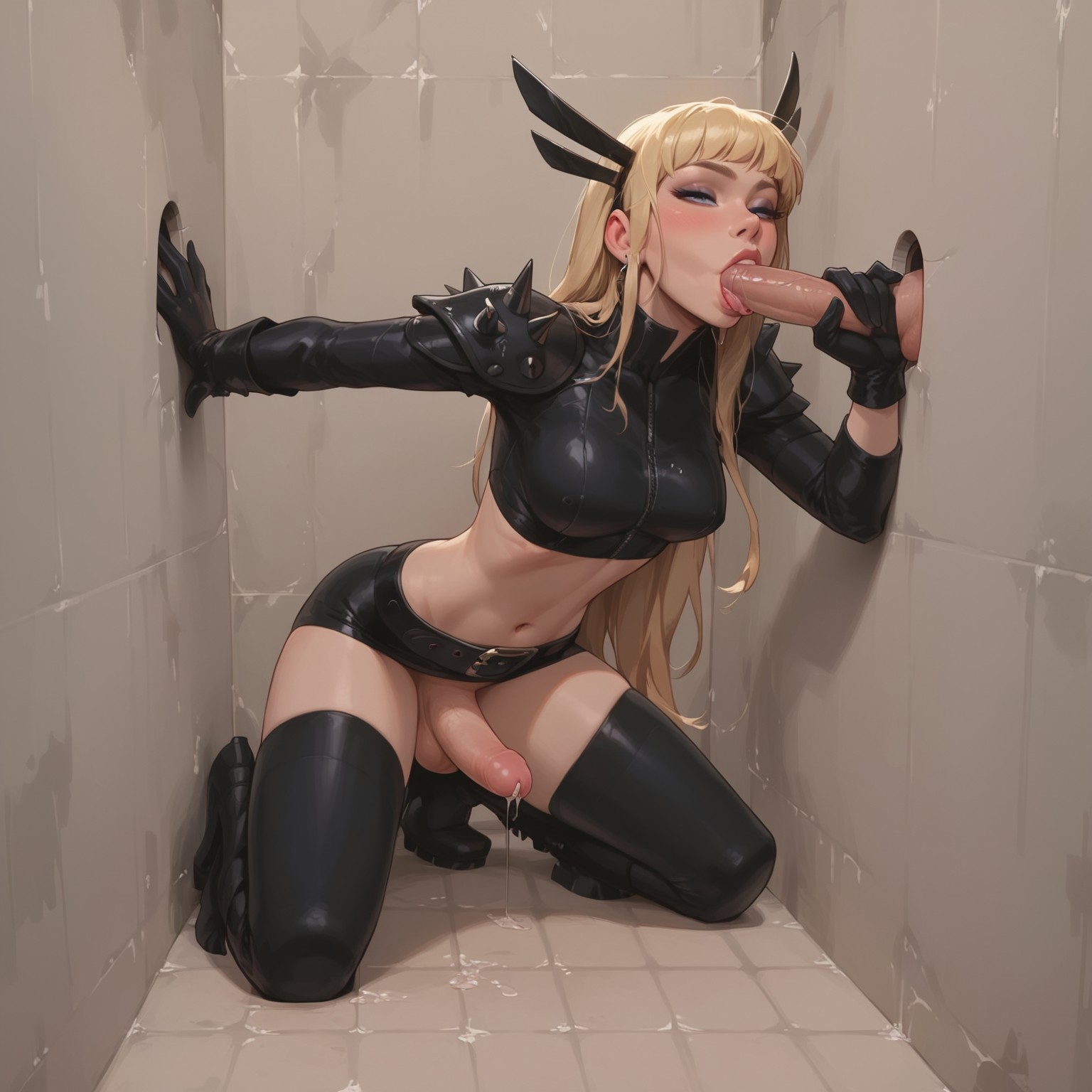 ai generated, athletic, athletic futa, big breasts, blindparty, blonde hair, blowjob, blue eyes, breasts, civitai, dickgirl, fellatio, futanari, gloryhole, handjob, human, intersex, light skin, light-skinned male, magik (illyana rasputin), male, male on futa, marvel, marvel comics, oral, partially clothed, penis, skirt