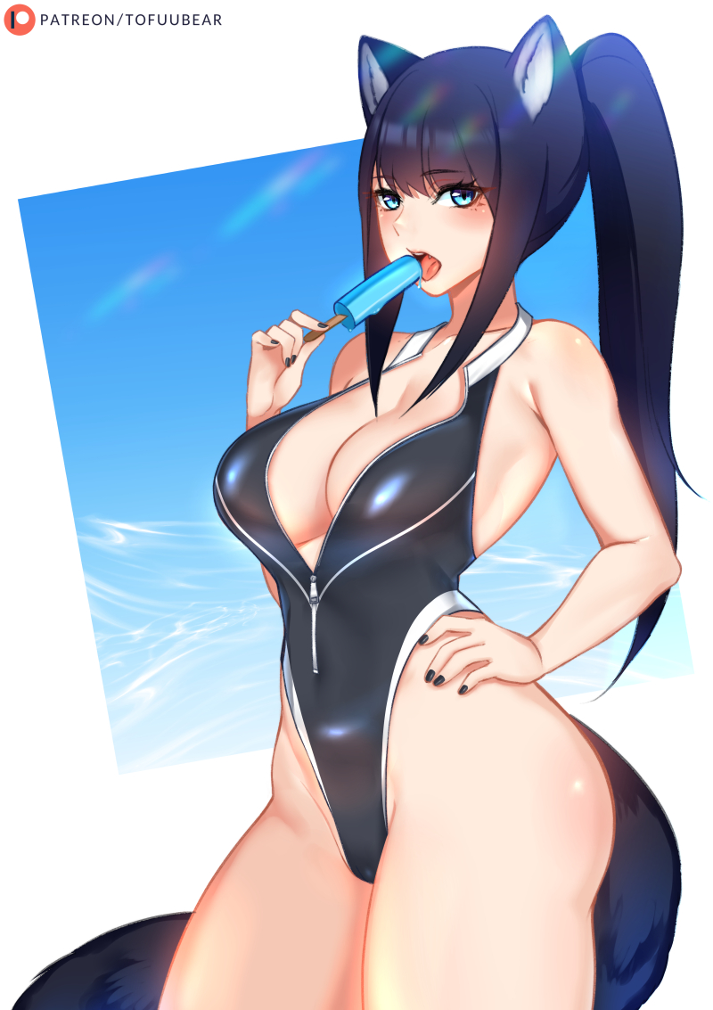 black_hair breasts cleavage female female_only looking_at_viewer original popsicle reiko_(tofuubear) solo tofuubear wolf_girl