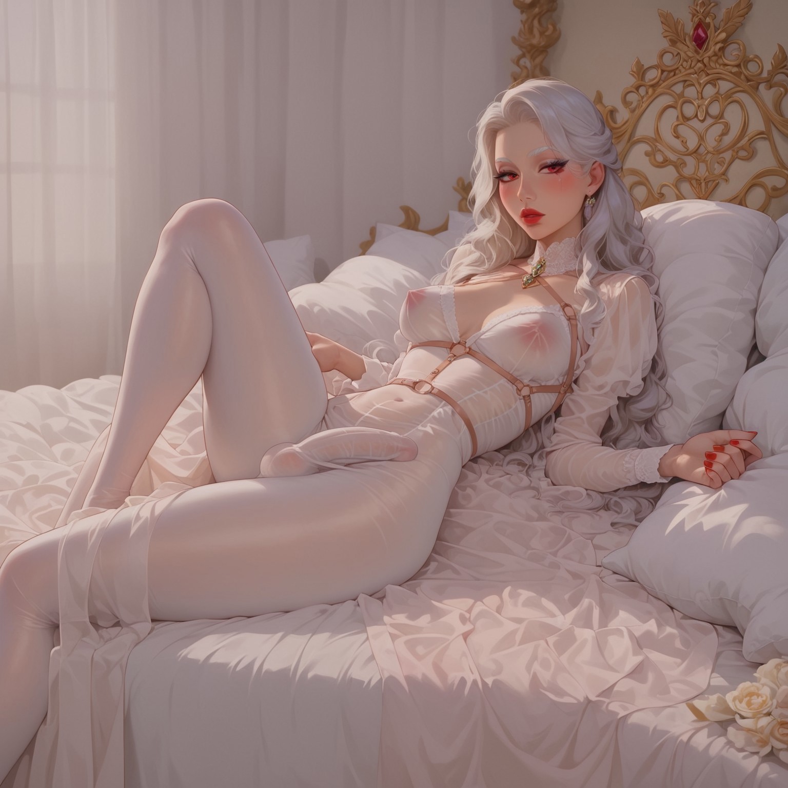 ai generated, athletic, athletic futa, bedroom, big breasts, blindparty, breasts, civitai, clothed futa, dickgirl, futanari, intersex, penis, solo, white hair