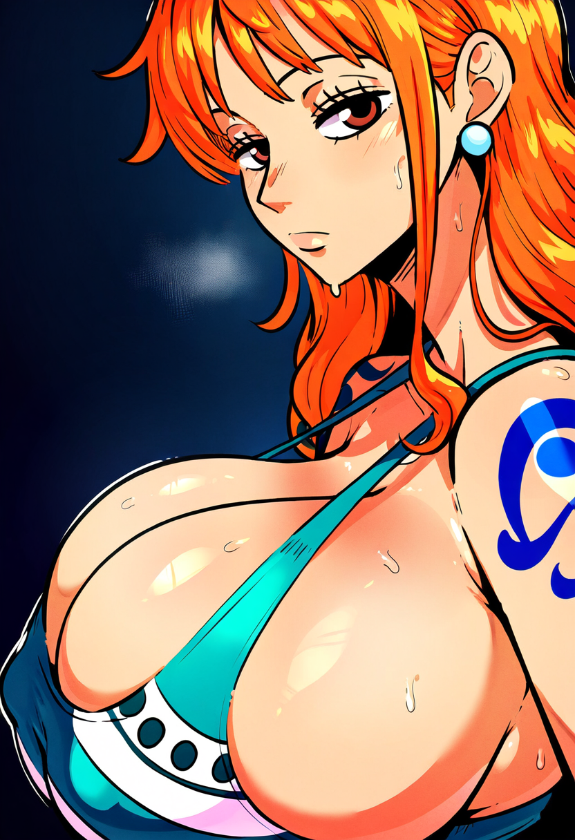 ai_generated bored bursting_breasts cleavage covered_nipples female female_only from_side gigantic_breasts gloopai half-closed_eyes huge_breasts looking_at_viewer looking_to_the_side nai_diffusion nami nami_(one_piece) nipple_bulge nipples_visible_through_clothing one_piece sideways sideways_glance solo solo_female steam steaming_body steamy steamy_breath sweat sweatdrop sweating sweaty