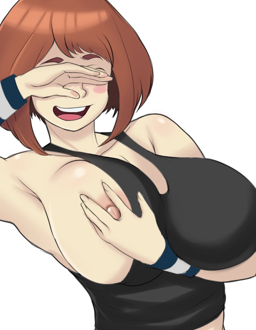 1girls, areolae, blush stickers, breasts, brown hair, covering face, female, female only, grabbing own breast, huge breasts, human, large breasts, looking at viewer, my hero academia, nipples, no bra, ochako uraraka, one breast out, open mouth, self shot, selfie, short hair, simple background, smile, solo, tank top, white background, wristband