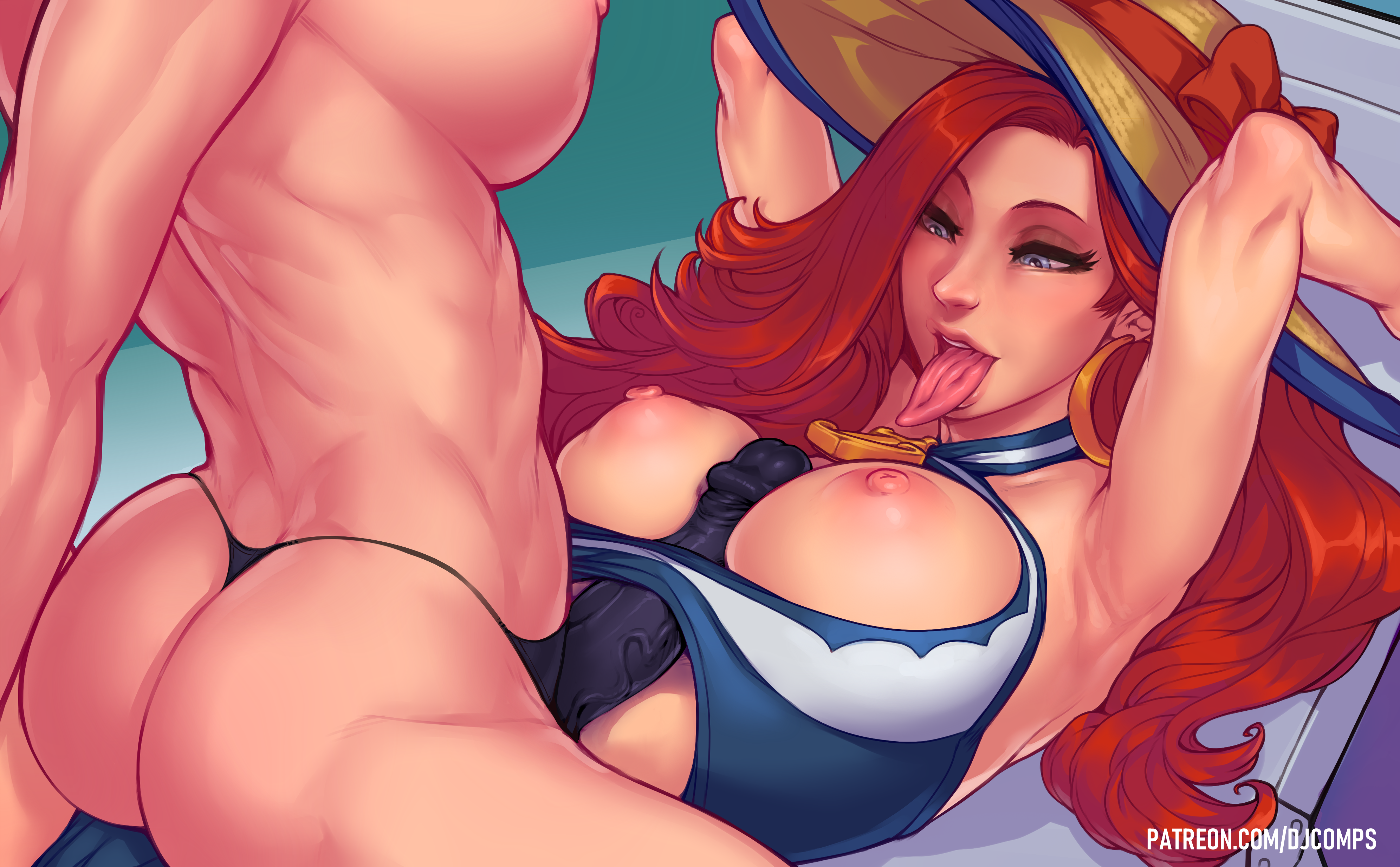 2girls, areolae, big breasts, breasts, female, female only, fizzz, large breasts, league of legends, miss fortune, multiple females, multiple girls, nipples, open mouth, paizuri, pool party miss fortune, pool party series, strap-on, strapon, tongue, tongue out, yuri