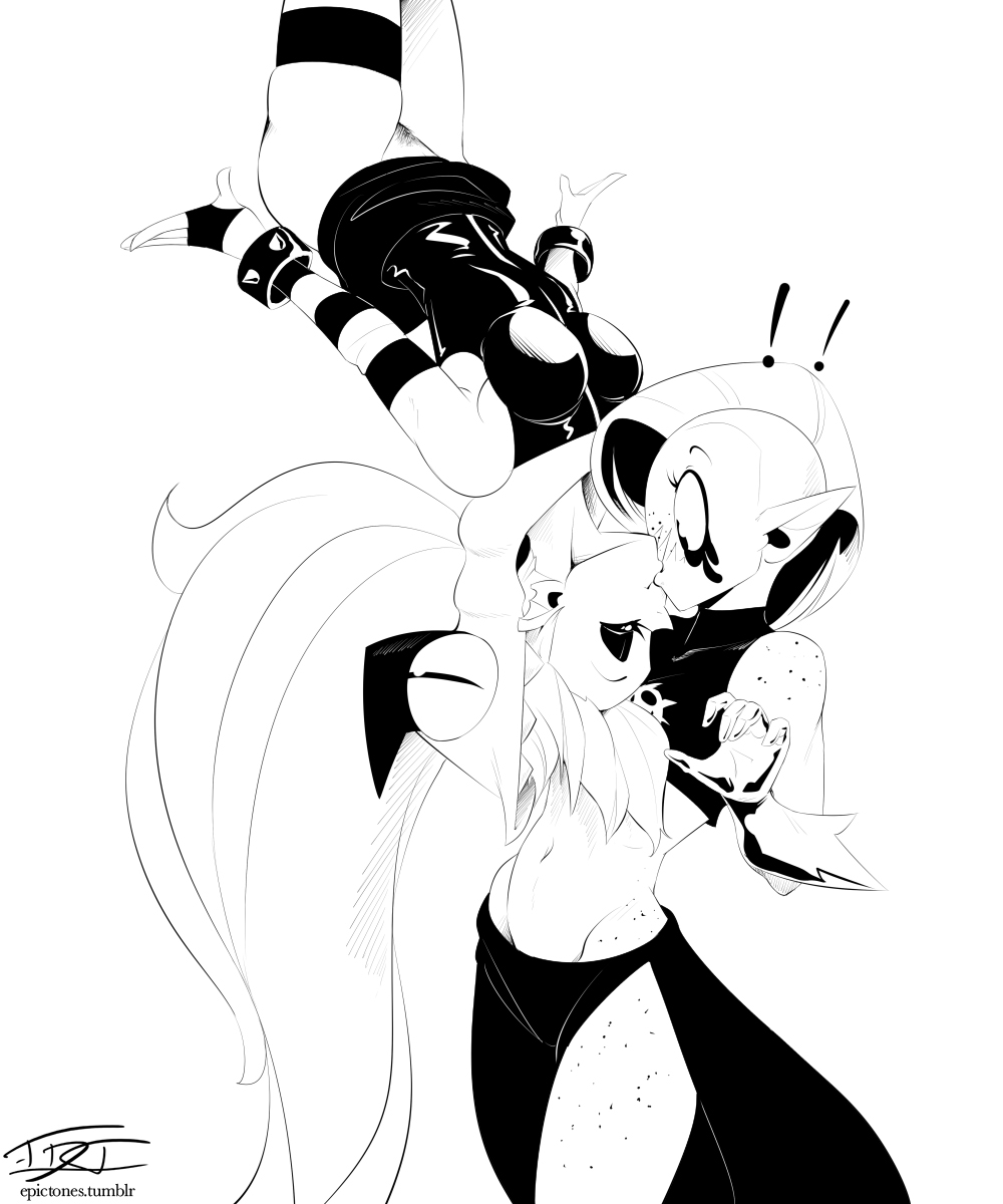 !, alien, alien girl, armwear, ass, asymmetrical hair, blush, bottomless, bracelet, breasts, cartoon network, closed eyes, crop top, crossover, demencia (villainous), disney, duo, elbow gloves, eyelashes, female, female only, female pubic hair, freckles, gloves, hardtones, highres, hood, kissing, line art, long hair, long ponytail, long skirt, lord dominator, medium breasts, midriff, monochrome, multiple females, multiple girls, navel, notched ear, pointy ears, ponytail, pubic hair, runny makeup, side slit, skirt, spiked bracelet, striped armwear, surprised, upside-down, very long hair, villainous, wander over yonder, white background, wide eyed, yuri