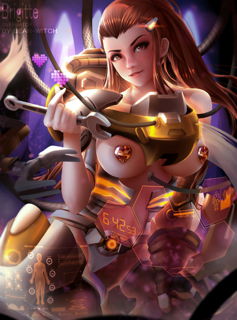 2d armor bearwitch blizzard_entertainment breasts brigitte brigitte_lindholm covered_nipples female mostly_nude overwatch solo