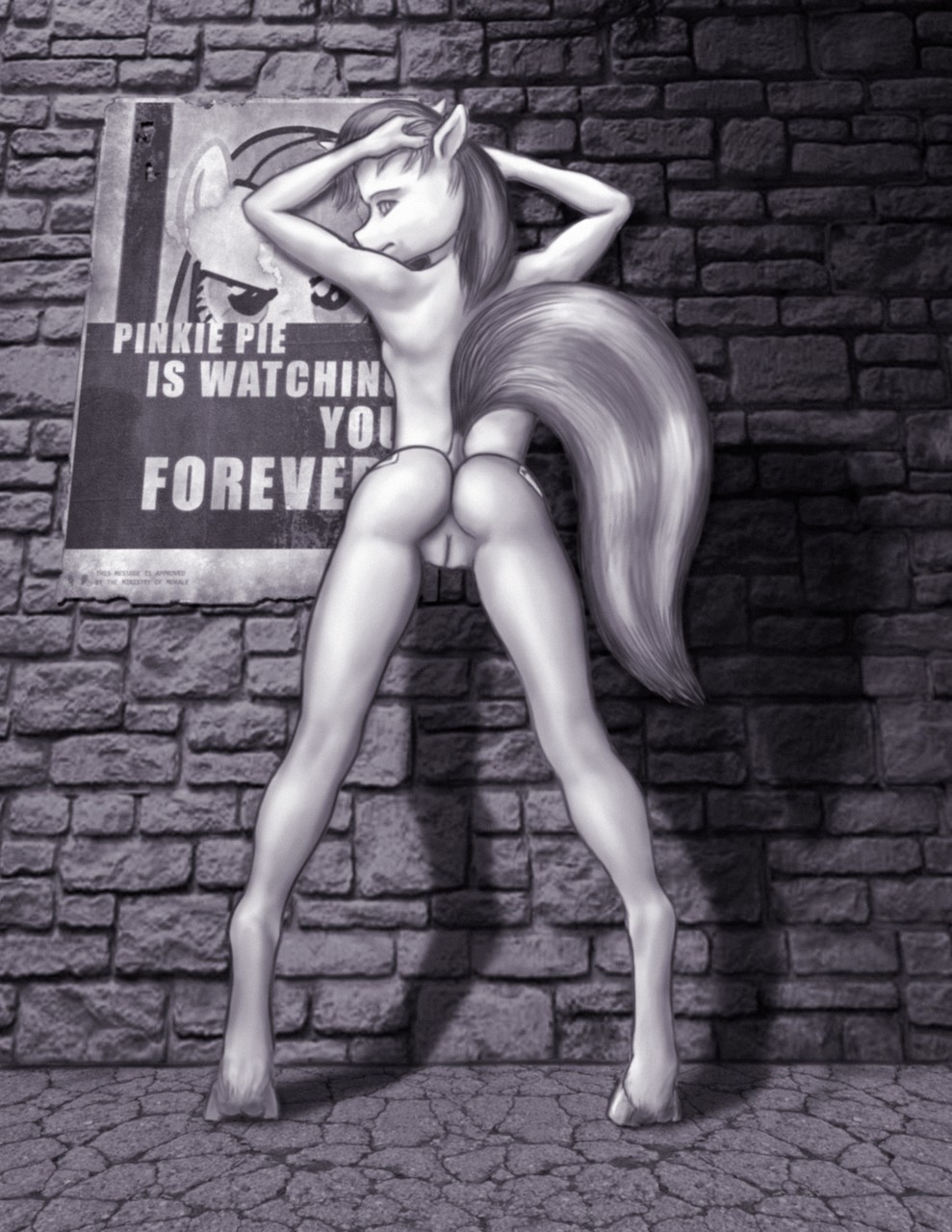 1girls 2018 anthro armpits arms_up ass back backboob blackjack_(disambiguation) brick brick_wall crossover cutie_mark equestria equine fallout feet female female_only friendship_is_magic furry half-closed_eyes hooves horn horse looking_at_viewer looking_back mammal monochrome my_little_pony nude original_character outdoors pinkie_pie_(mlp) poster presenting presenting_pussy pussy raised_tail rimefox shadow sign small_breasts spread_legs straight_hair tail tattoo text unicorn video_games