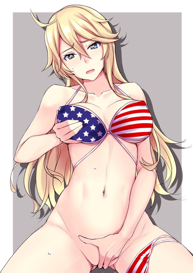 american_flag american_flag_bikini bangs between_legs bikini blonde_hair blue_eyes blush breasts collarbone female flag_print hair_between_eyes hand_between_legs iowa_(kantai_collection) kantai_collection kuurunaitsu large_breasts long_hair looking_at_viewer masturbation navel outside_border panties panties_around_leg parted_lips self_fondle shadow simple_background sitting smile solo star star-shaped_pupils striped striped_bikini swept_bangs swimsuit symbol-shaped_pupils tongue tongue_out underwear white_border