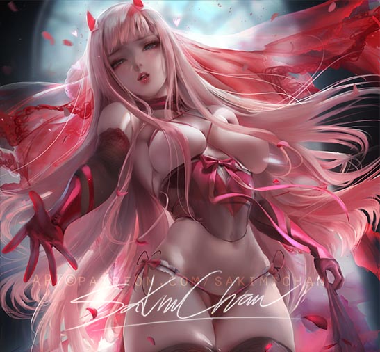 breasts, darling in the franxx, detached sleeves, female, female only, hair over breasts, horns, large breasts, long hair, partially clothed, pink hair, sakimichan, solo, standing, uncensored, zero two (darling in the franxx)