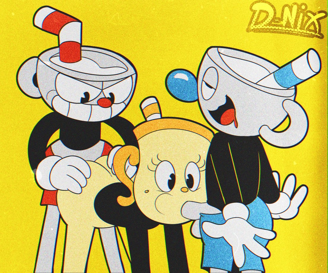 2boys ass bottomless cuphead cuphead:_the_delicious_last_course cuphead_(game) d-nix deafernix doggy_style fellatio female handwear male ms._chalice mugman oral penetration sex studio_mdhr vaginal video_games