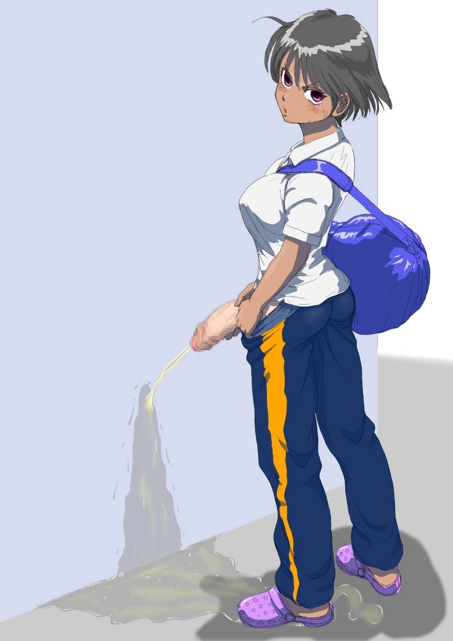 censored, exhibitionism, futa only, futanari, intersex, o-minato, outdoors, peeing, tracksuit
