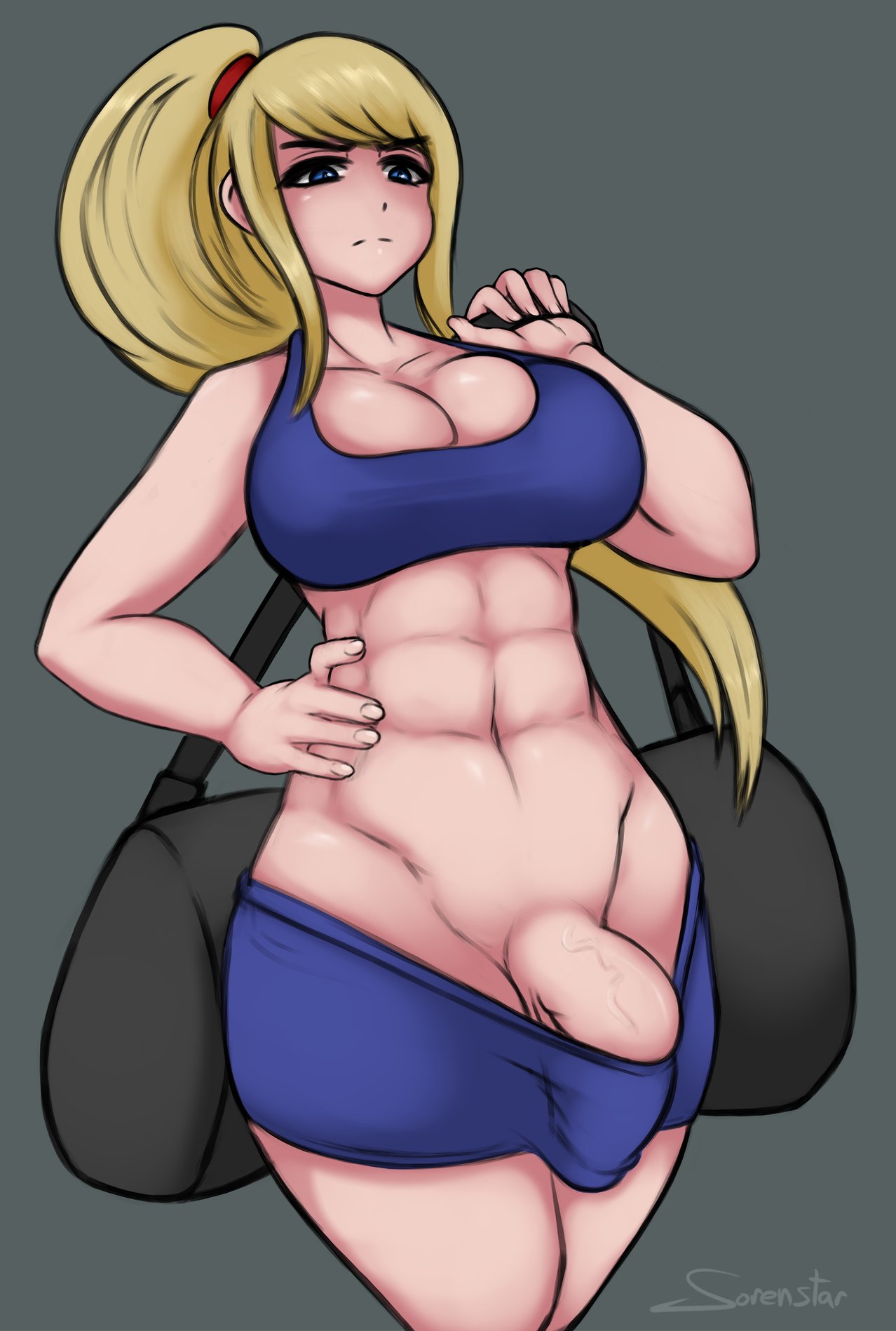 1futa 2020 abs ball_bulge balls balls_in_panties balls_under_clothes blonde_hair booty_shorts breasts bulge cleavage curvy flaccid futa_only futa_sans_pussy futanari grey_background huge_penis ineffective_clothing large_balls large_breasts long_hair metroid muscles muscular muscular_futanari nintendo panties panty_bulge penis penis_bulge penis_in_panties penis_under_clothes samus_aran solo sorenstarz sports_bra white_skin wide_hips