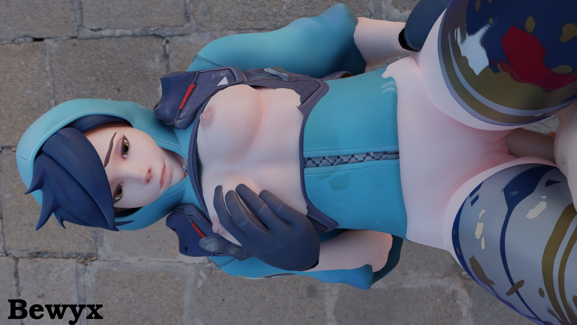 3d, alternate costume, areolae, bewyx, blizzard entertainment, blue hair, breast grab, breasts, female, graffiti tracer, male, nipples, overwatch, penis, pussy, sex, small breasts, straight, tracer, vaginal penetration