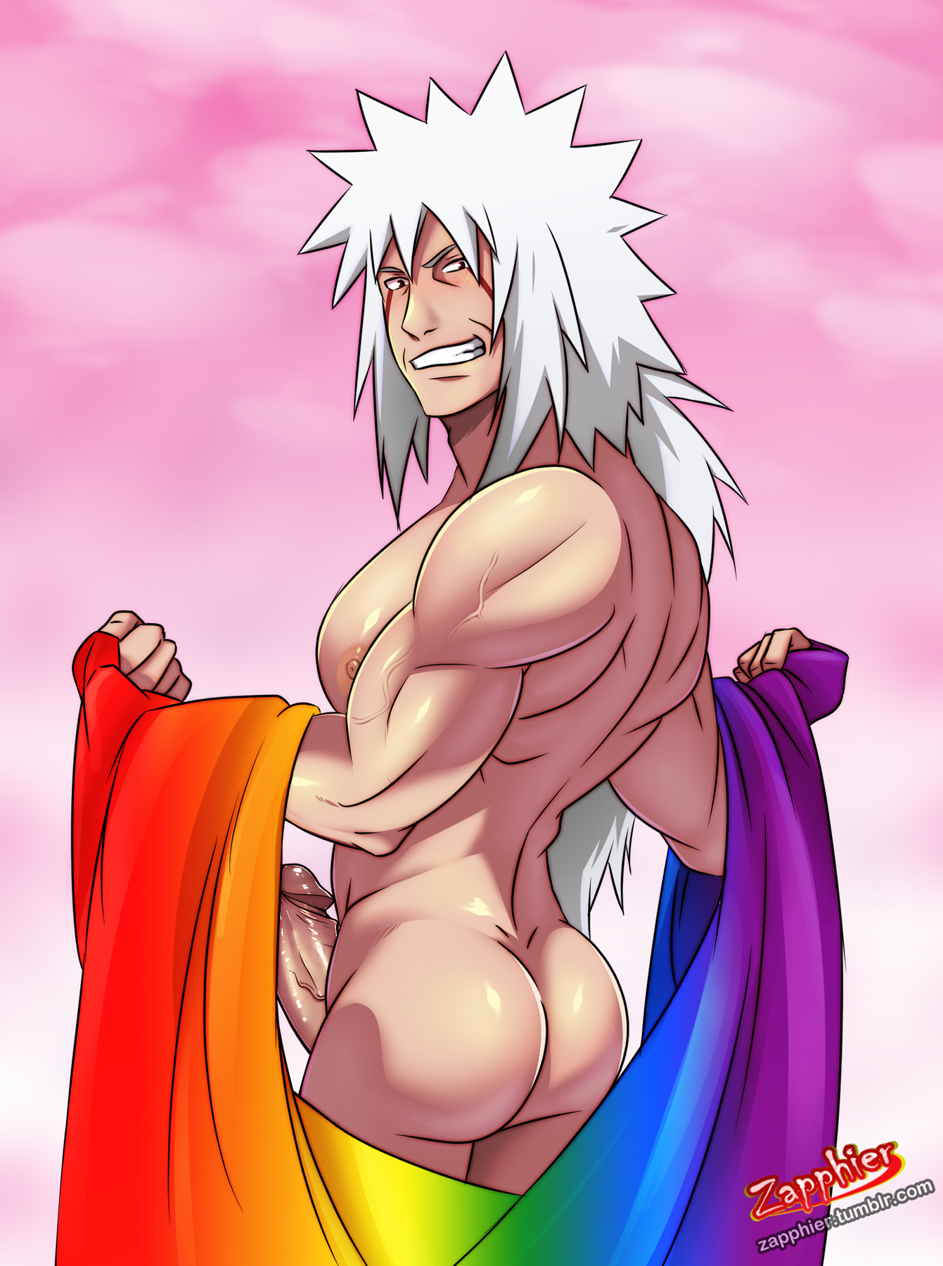 1boy, ass, bara, big penis, erection, gay, jiraiya, male, male focus, male only, mature, muscles, naruto, naruto (series), nipples, penis, rainbow flag, rainbow pride colors, smile, solo, undressing, white hair, yaoi, zapphier