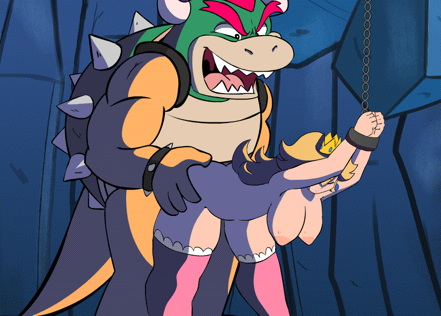 1boy 1girls ahe_gao ambiguous_penetration animated areolae bent_over bondage bouncing_breasts bound bound_wrists bowser breasts chains cuffs female femsub from_behind hanging_breasts implied_sex indoors interspecies koopa long_hair looking_at_another male maledom mario_(series) naked_stockings nintendo nipples nude open_mouth princess_peach rape restrained scruffmuhgruff sex standing stockings straight thighhighs wrist_cuffs