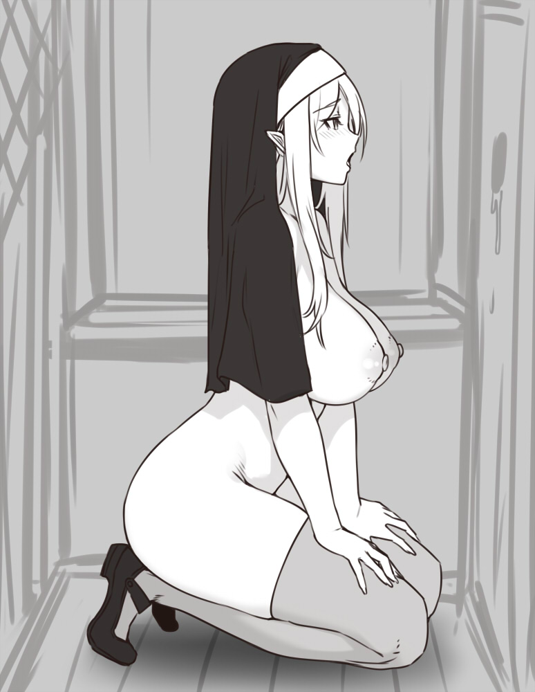 areola, areolae, ass, black footwear, blush, breasts, elf, elf ears, eyebrows visible through hair, female, female only, full body, glory hole, greyscale, habit, hands on knees, houtengeki, indoors, kneeling, large breasts, long hair, mary janes, monochrome, nipples, nude, nun, nun's habit, on knees, open mouth, original, pointy ears, profile, shoes, solo, thighhighs, thighs