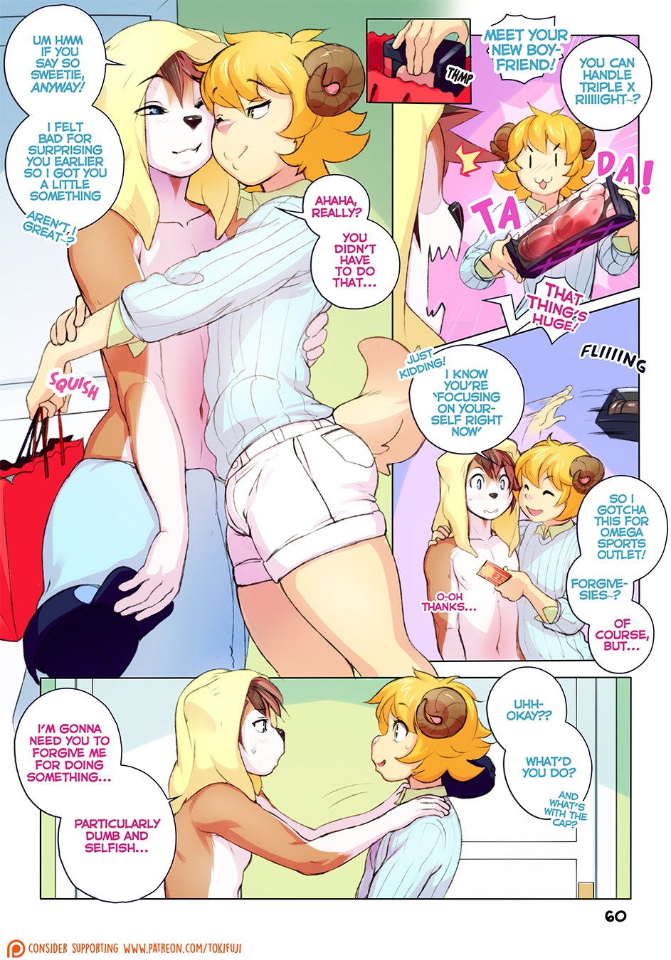 2018 anthro blonde_hair brown_hair canine caprine clothed clothing comic dialogue duo english_text fox gay girly hair horn keiran_tracey_(character) male male_only mammal milo_stefferson_(character) open_mouth original page_60 page_number sheep shorts smile standing text tokifuji topless towel