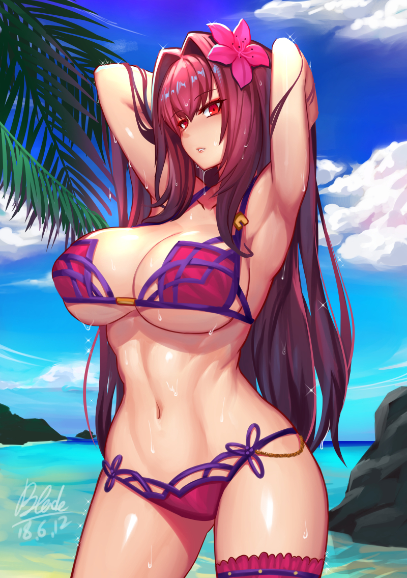 bikini, breasts, cleavage, fate (series), fate/grand order, female, female only, large breasts, looking at viewer, qblade, scathach (fate), scathach (swimsuit assassin), shiny, shiny clothes, shiny hair, shiny skin, solo, sweat, wet