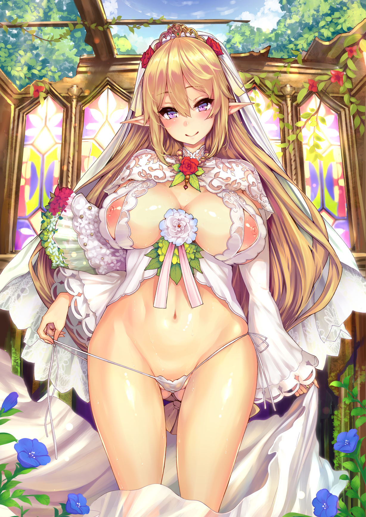 1girls, areolae, big breasts, blonde hair, blue eyes, blush, breasts, bridal veil, bride, commentary request, detailed background, elf, elf ears, eyebrows visible through hair, female, female only, flower, g-string, hair, highres, lace, large areolae, large breasts, long hair, long sleeves, looking at viewer, navel, nipples, original, panties, panty pull, petals, pointy ears, purple eyes, rose, shiokonbu, smile, solo, solo focus, string panties, thong, tiara, underwear, veil, very long hair, wedding dress, white panties