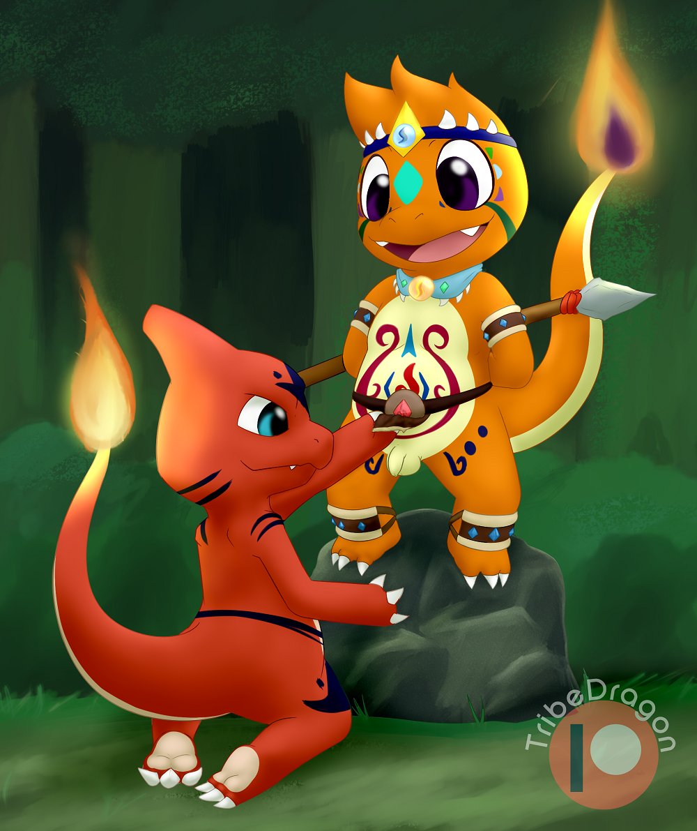 1boy 3_fingers 3_toes ambiguous_gender anthro arms_behind_back blue_eyes body_paint charmander charmandrigo charmandrigo_(character) charmeleon clothing duo fangs feet fire flaccid foreskin forest grass green_background kneeling loincloth looking_down male male_only mega_stone melee_weapon necklace nintendo no_nipples open_mouth orange_skin outdoors patreon penis pokémon_(species) pokemon pokemon_rgby polearm purple_eyes rock small_penis smile soles spear standing tail teeth tongue tribal uncut url video_games wardrobe_malfunction weapon yellow_skin