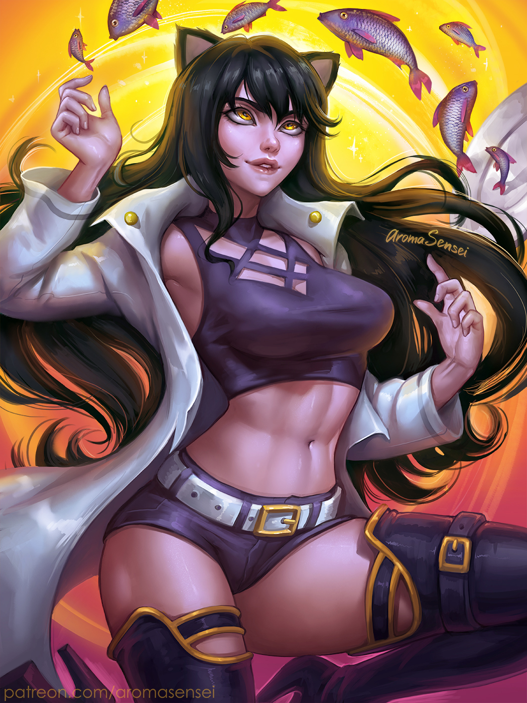 abs, aroma sensei, black hair, blake belladonna, boots, breasts, cleavage, female, female only, long hair, rwby, solo