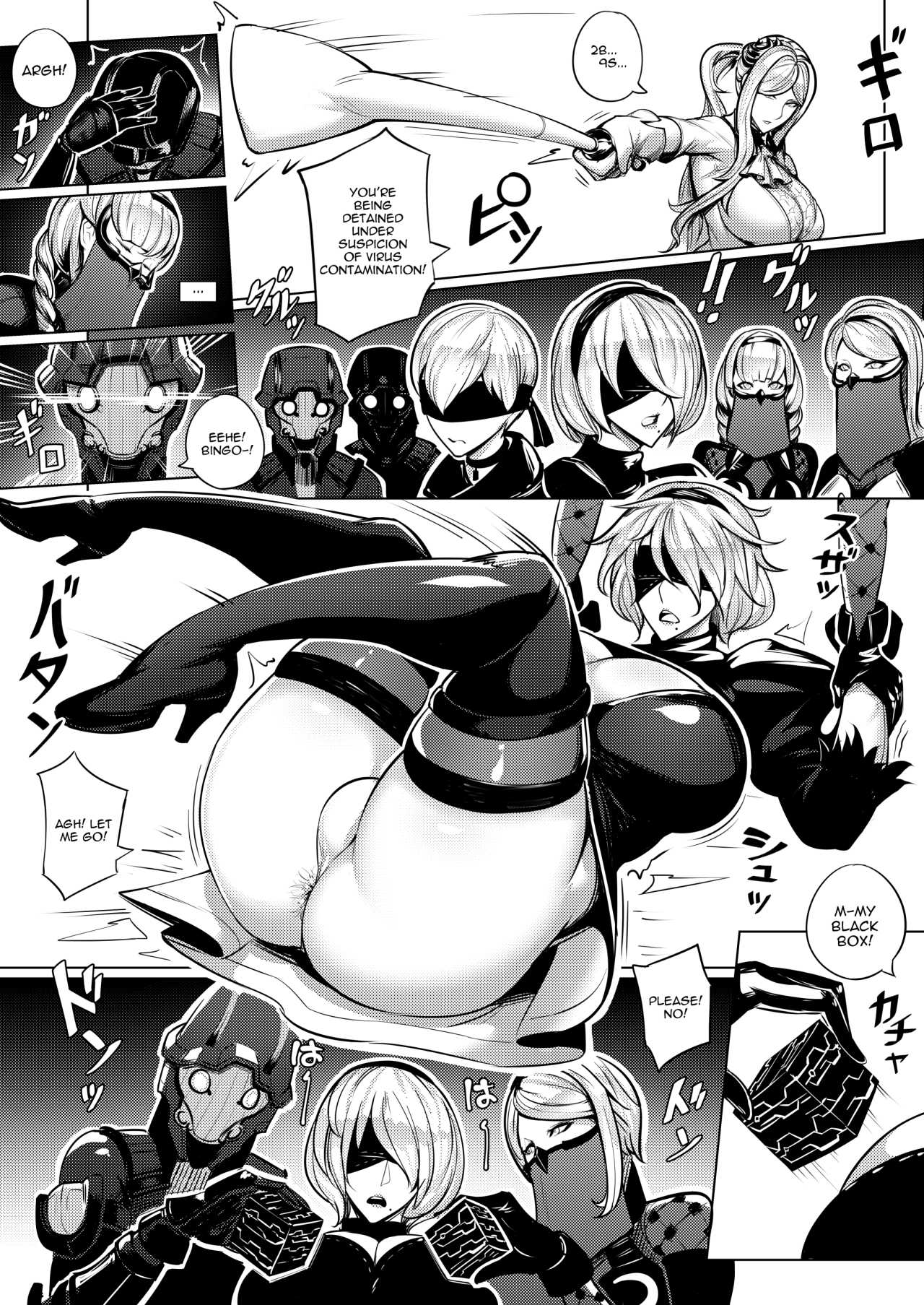 big breasts, blindfold, breasts, bulge, cleavage, comic, dickgirl, futanari, hairy anus, huge breasts, intersex, large breasts, monochrome, nier, nier: automata, operator 21o, operator 6o, short hair, speech bubble, text, waterproof-pigeon, yorha 2b, yorha 9s, yorha commander