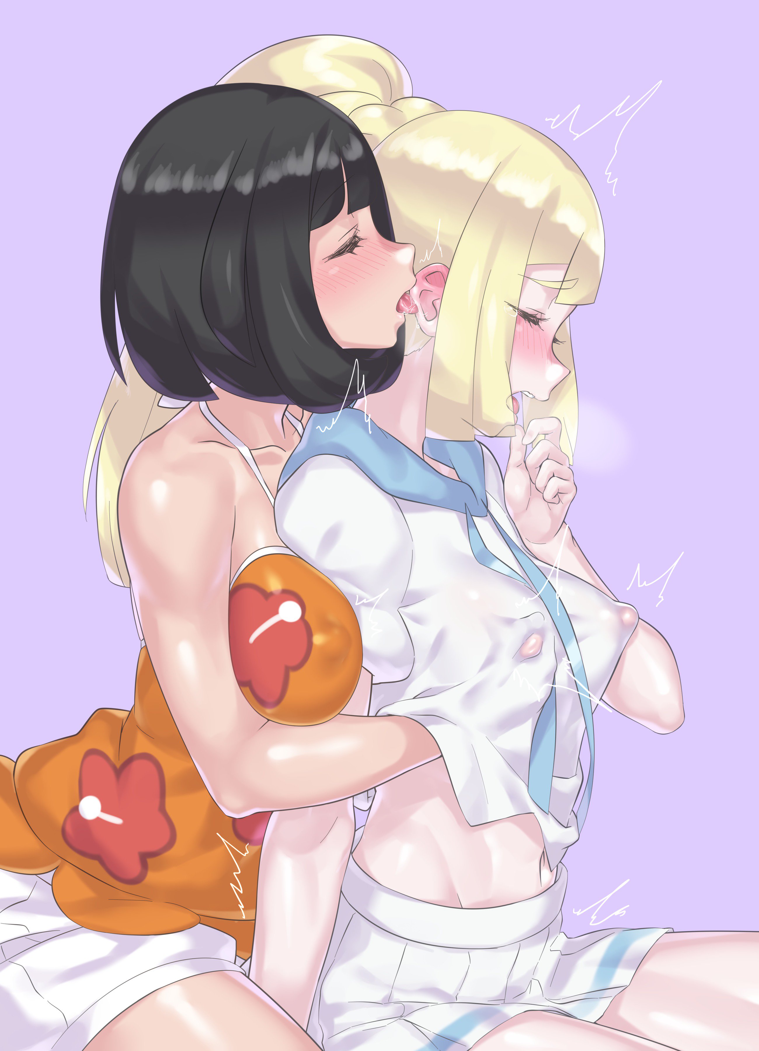 2girls, absurdres, alternate breast size, areolae, belly, big breasts, black eyes, blonde hair, blush, breasts, closed eyes, clothes, ear licking, erect nipples, evuoaniramu, eyelashes, female, female only, from behind, game freak, hand under shirt, heavy breathing, highres, human, human only, licking, lillie (pokemon), midriff, mizuumi (bb), motion lines, multiple females, multiple girls, nintendo, nipple pinch, nipples, open mouth, pokemon, pokemon sm, pokemon usm, ponytail, purple background, see-through, selene (pokemon usm), selene (pokemon), shirt, shorts, skirt, tank top, teeth, tongue, trembling, yuri
