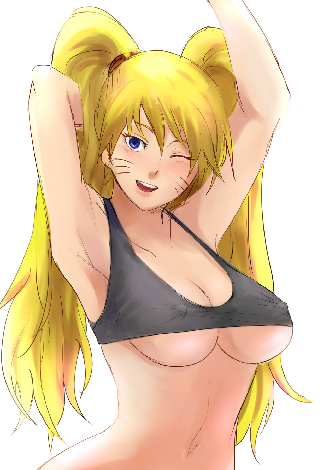 1girls, armpits, blonde hair, blue eyes, breasts, canon genderswap, female, female only, genderswap, naruko, naruto, naruto (series), navel, rule 63, simple background, smile, solo, twintails, underboob, uzumaki naruto, whisker markings, zeros