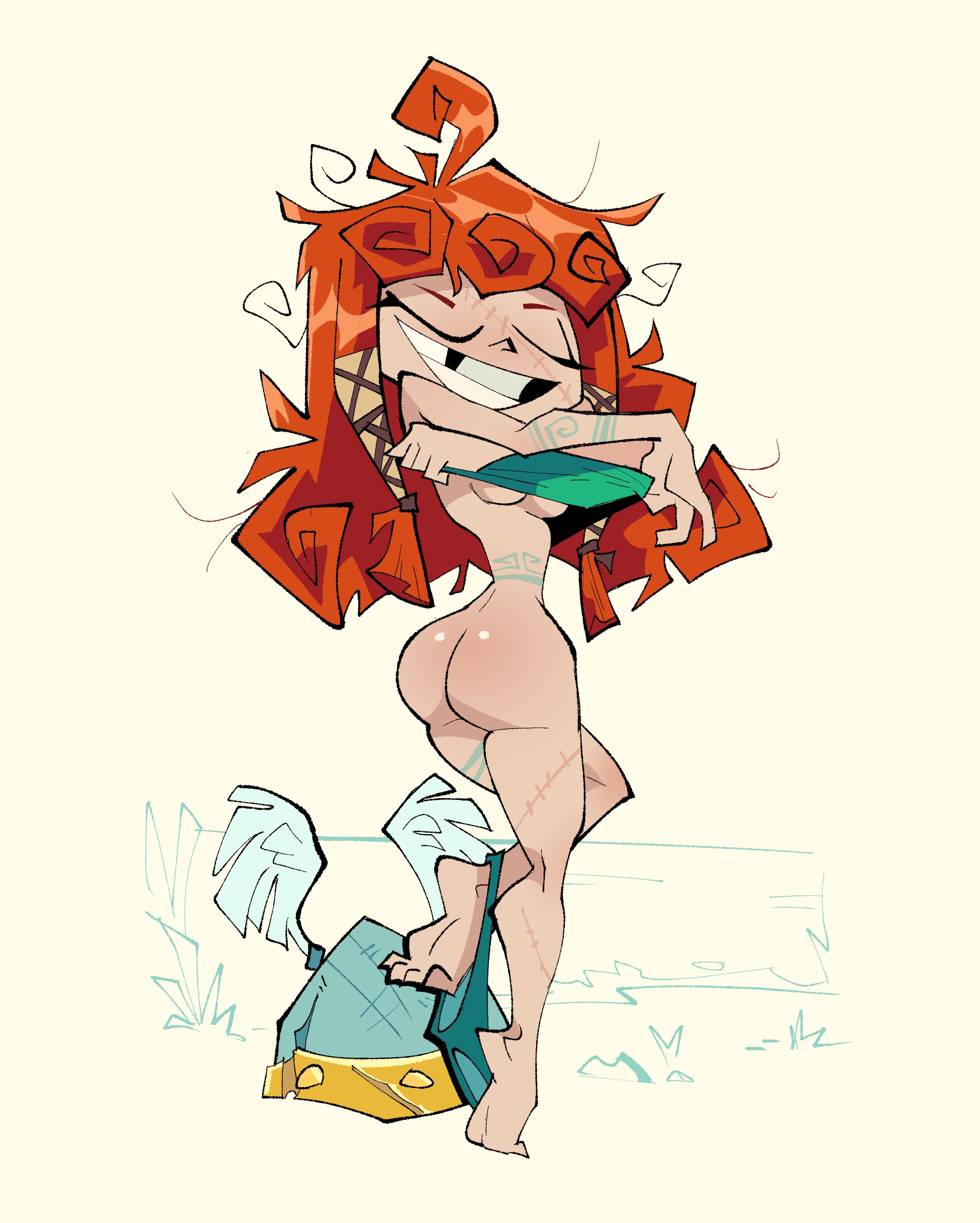 ass, barbara (rayman), barbarian, barefoot, breasts, casual, clothing, female, headwear, helmet, herny, human, missing tooth, nude, pale skin, princess (rayman), rayman (series), red hair, scar, undressing