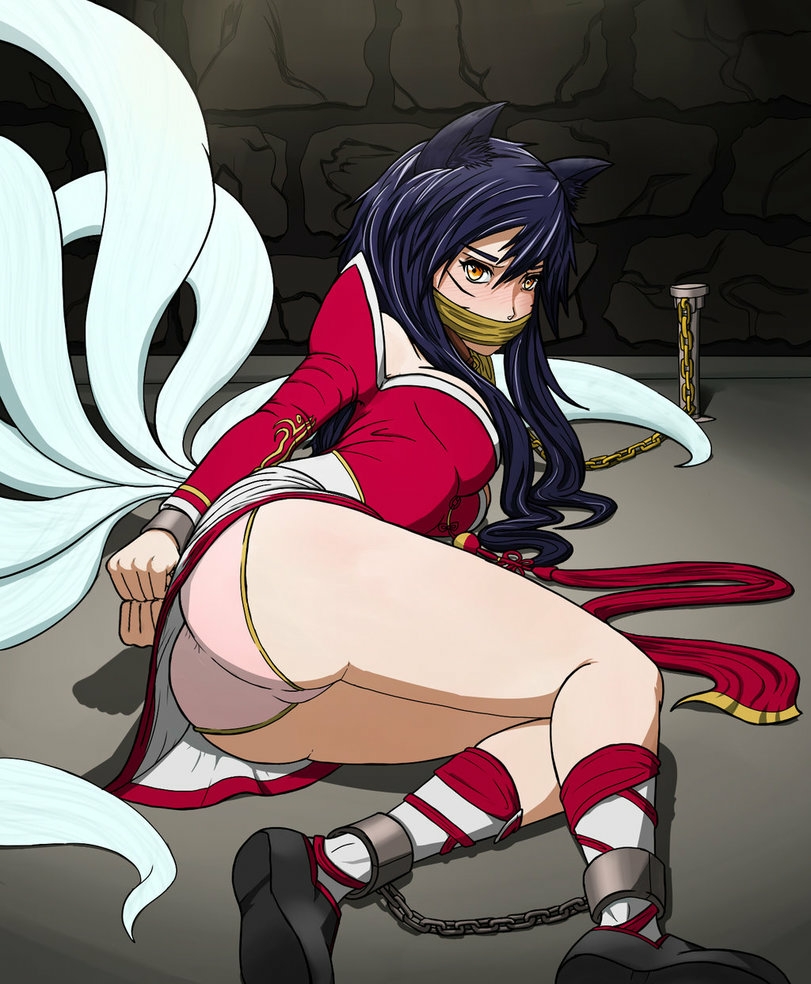 ahri arms_behind_back ass bondage bound bound_ankles bound_wrists captured chain cloth_gag female femsub fully_clothed gag gagged imminent_rape league_of_legends medium_breasts on_side panties restrained shackles solo underwear wadaldo