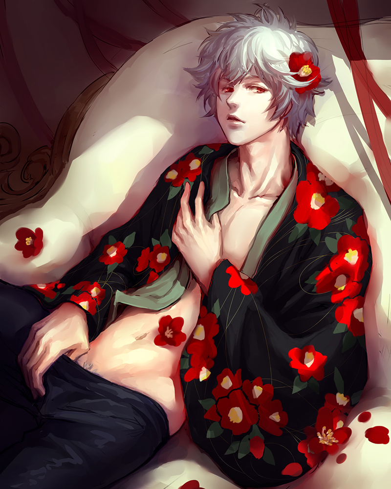 bishonen flower_in_hair gintama gintoki_sakata hangleing haori leaning_back looking_at_viewer male male_only on_back painting_(artwork) pants_down pants_pull pubic_hair_peek reclining red_eyes solo white_hair