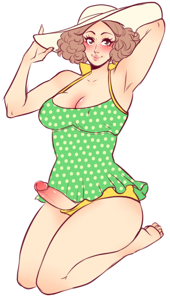 1futa, armpits, breasts, casual boner, casual nudity, chubby, cleavage, erection, futa only, futa sans balls, futanari, haru okumura, headwear, huge breasts, intersex, light brown hair, one piece swimsuit, penis, penis out, persona, persona 5, stopitkel, sun hat, sundress, swimsuit, swimwear