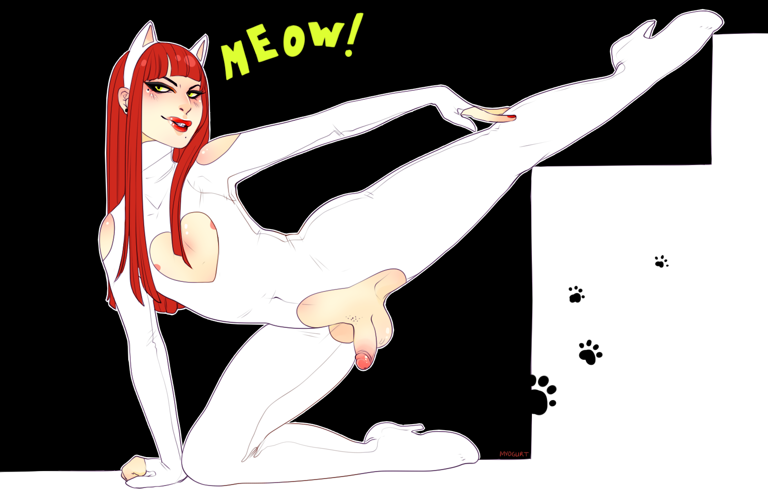1boy, bodysuit, cat boy, cat ears, catboy, femboy, girly, high heels, latex suit, leg lift, male, male only, myogurt, red hair, solo, splits, trap