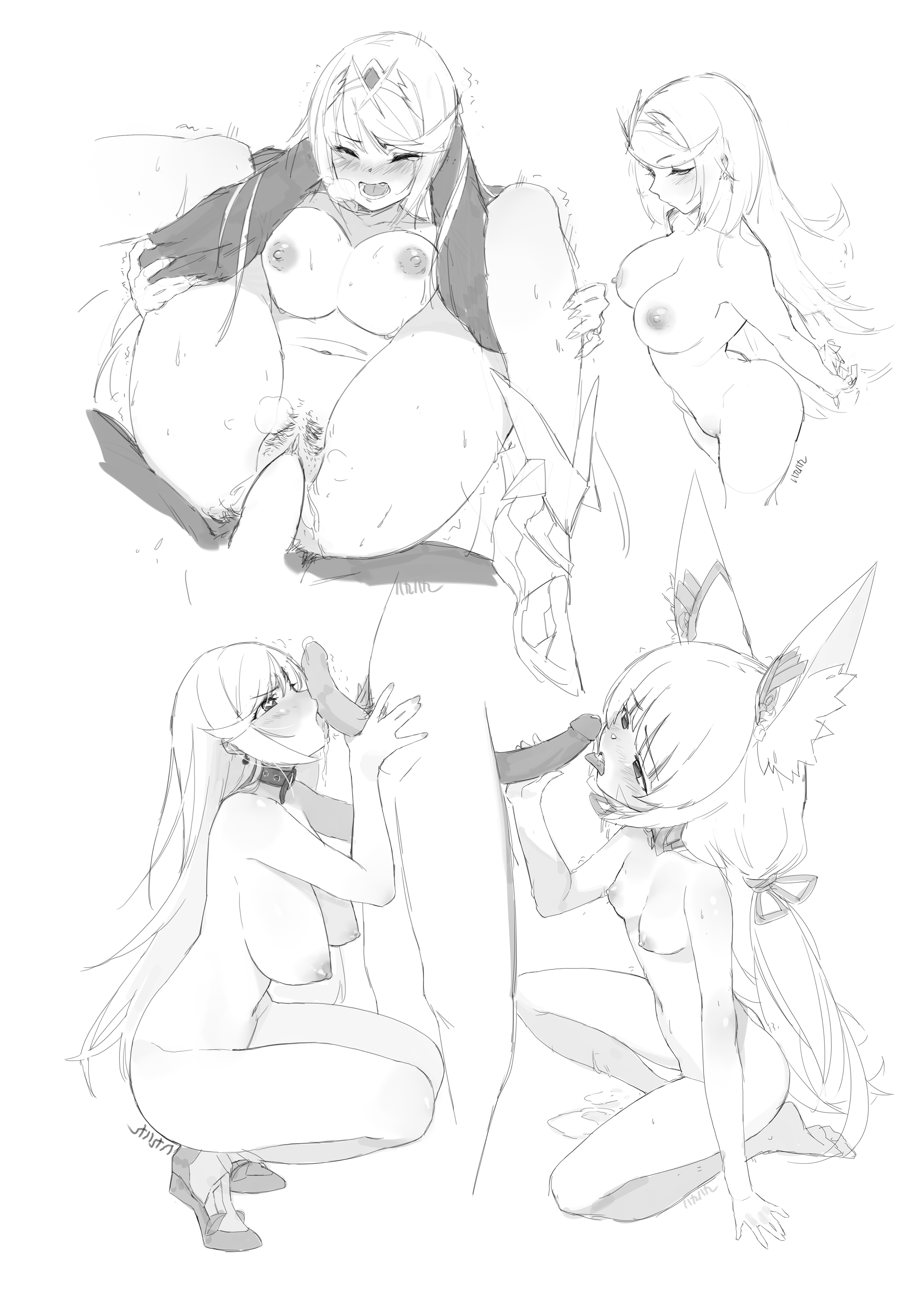 1boy, 2girls, areolae, blush, breasts, erect nipples, erection, female, full nelson, gebijiade 89, grey hair, group sex, kneeling, large breasts, licking, male, monochrome, multiple females, multiple girls, mythra, nia, nia (blade), nintendo, nipples, penis, pubic hair, pussy, sex, small breasts, spoilers, spread legs, tongue, vaginal penetration, white background, xenoblade (series), xenoblade chronicles 2, yoyo2doggness