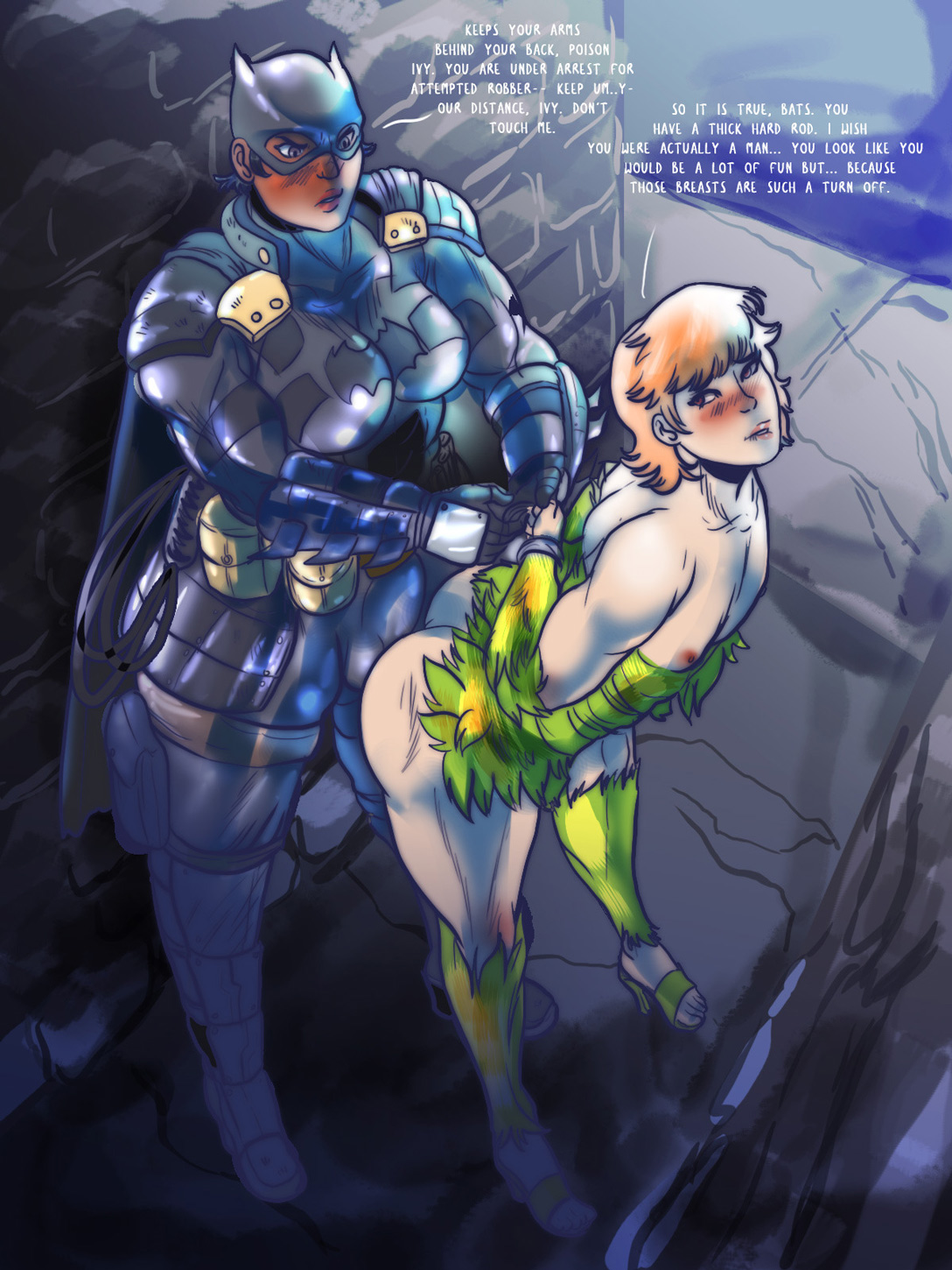 1boy, 1futa, androgynous, batman, batman (bruce wayne), batman (series), bruce wayne, bulge, cleavage, crossdressing, dc, dc comics, earth 11, female, femboy, futa on male, futa transformation, futanari, genderswap, genderswap (ftm), girly, handcuffs, intersex, male, poison ivy, red hair, rule 63, transformation, trap, vogol
