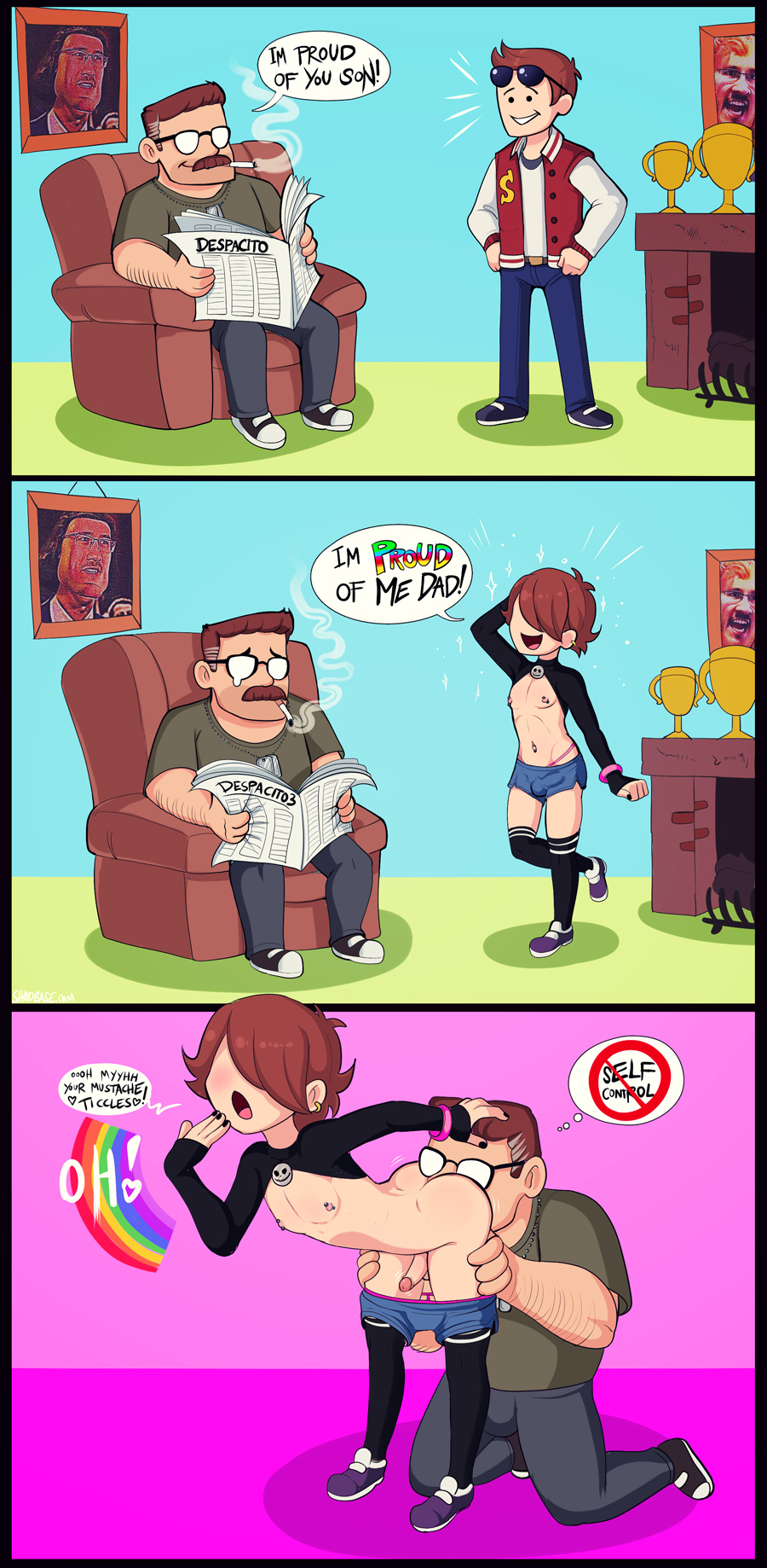 2boys 3_fingers androgynous anilingus ass barbell_piercing black_nails black_socks blue_shorts brown_hair bulge cigarette comic couch crossdressing dialogue earring english_text erection erection_under_clothes father_and_son femboy fireplace frown gay girly glasses hair_over_eyes hand_behind_head hand_on_head hands_on_hips hands_on_thighs hearts human incest jean_shorts kneehighs male male_only meme navel_piercing newspaper nipple_piercing on_knees open_smile oral penis penis_outline penis_under_clothes piercing pink_thong rainbow revealing_clothes rimjob shadman short_shorts shorts_down skull_ornament smile smoking sparkles speech_bubble sunglasses_on_head text thong thought_bubble trap trophy underwear_down whale_tail wiggle_lines wristband yaoi