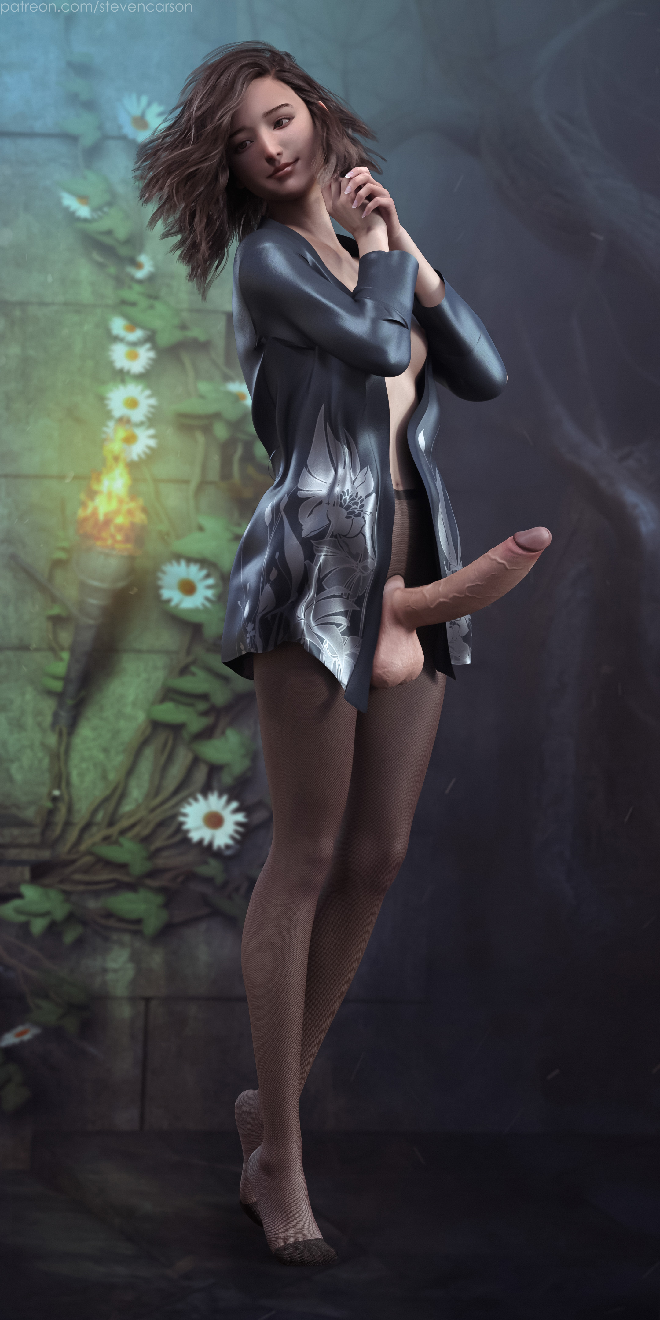 1futa, 3d, balls, breasts, casual boner, casual exposure, casual nudity, crotchless, erection, futa only, futanari, huge cock, intersex, large penis, no bra, no panties, pantyhose, pei (stevencarson), penis, penis out, realistic, small breasts, solo, solo futa, stevencarson, testicles