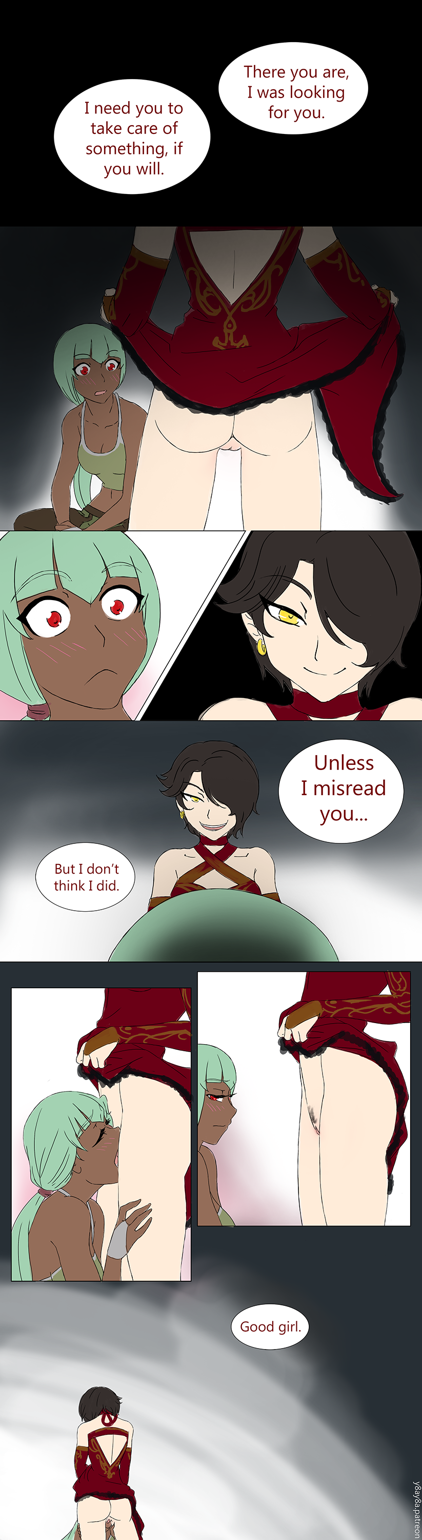 2girls, cinder fall, cunnilingus, dark skin, dark-skinned female, emerald sustrai, female, female only, interracial, multiple females, multiple girls, oral, pussy, rwby, yaya (y8ay8a), yuri