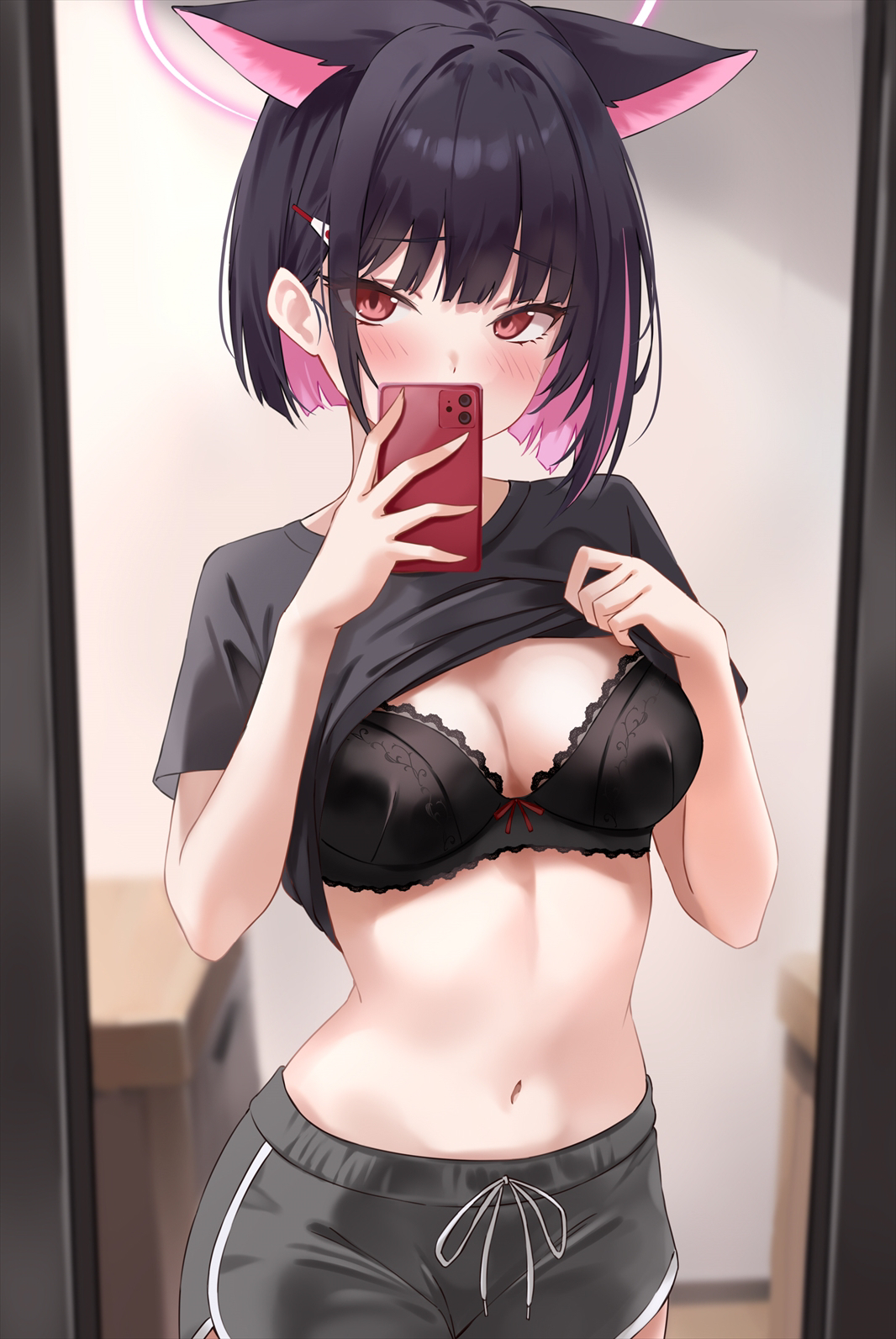 1girls, alternate costume, animal ears, black bra, black hair, black shirt, black shorts, blue archive, blush, bra, breasts, cat ears, cellphone, cleavage, colored inner animal ears, colored inner hair, dolphin shorts, female, hair ornament, hairclip, halo, highres, holding, holding phone, indoors, kazusa (blue archive), large breasts, looking at viewer, marisasu (marisa0904), mirror, mirror image, multi ear, multicolored hair, navel, phone, pink hair, pink halo, red eyes, reflection, reflection focus, selfie, shirt, short hair, short sleeves, shorts, smartphone, solo, stomach, two-tone hair, underwear