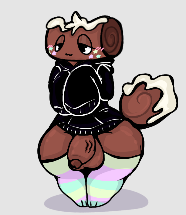 1boy :3 anthro balls big_ass big_ass_(male) big_butt black_hoodie blush cake cosmo_(dandy's_world) cute cute_male dandy's_world dick femboy femboy_only food food_creature food_humanoid gay gay_male gray_background living_object male male_only not_furry object_head pastry penis roblox roll_cake snashill swiss_roll tail thick thick_ass thick_femboy thick_legs thick_thighs