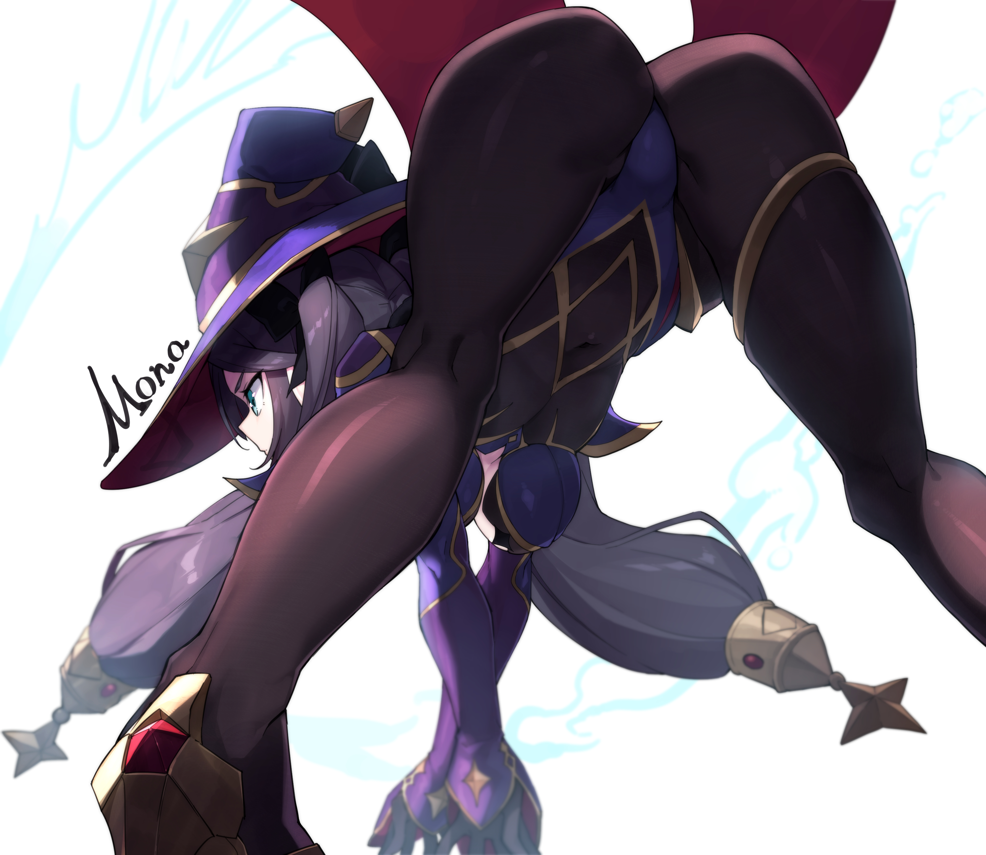 absurdres, ass, black pantyhose, bodystocking, breasts, commentary request, covered navel, female, from behind, from below, genshin impact, ginopi, gloves, green eyes, hat, highres, jewelry, leotard, long hair, medium breasts, mona (genshin impact), pantyhose, purple hair, purple hat, purple leotard, simple background, solo, thighlet, twintails, witch, witch hat