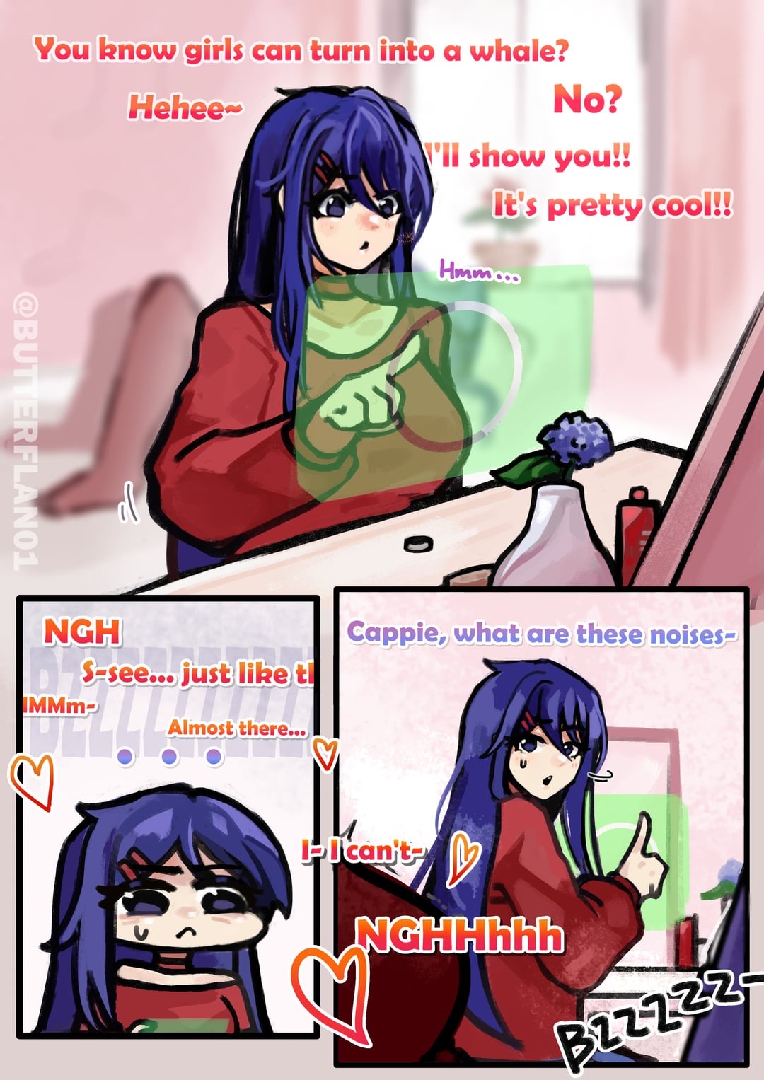 bedroom, blue eyes, blue hair, butterflan01, cappie (miside), dialogue, kind mita (miside), miside, red shirt, text