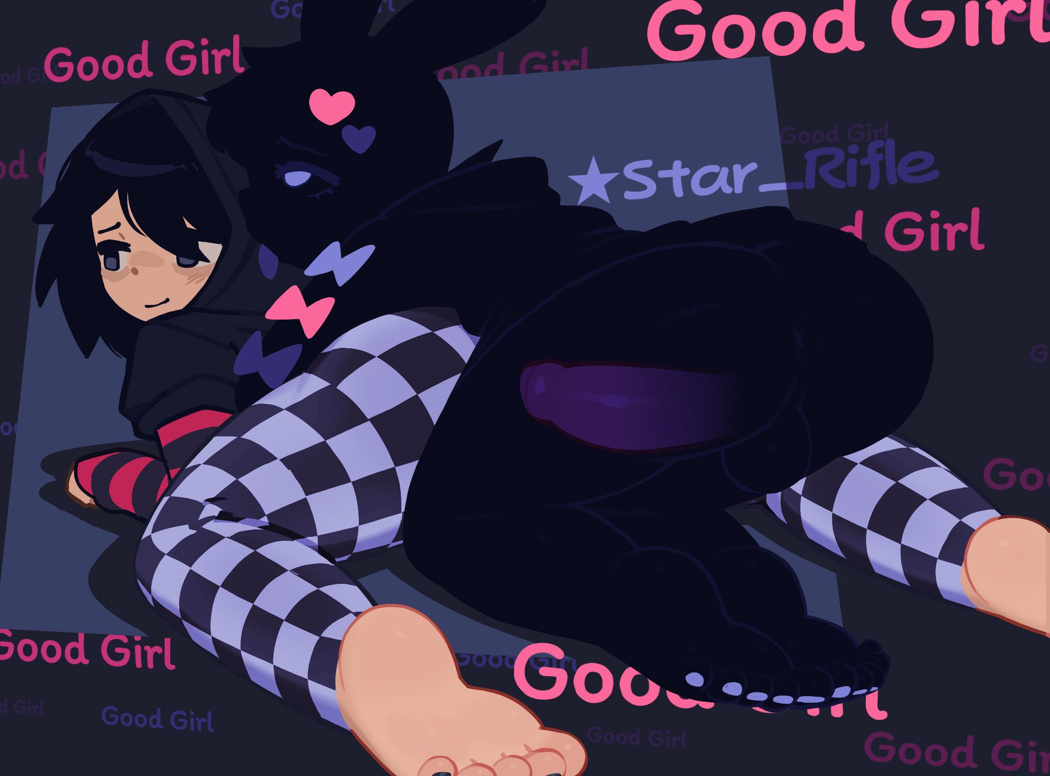 1boy, 1girls, abstract background, anal through clothes, anna (star rifle), anthro, armwear, backsack, balls, ballsack, black hair, bulge, bunny boy, checkered clothes, eye bags, eyes rolling back, female, fur, furry, futanari, good girl, grey eyes, happy, happy sex, hoodie, huge cock, humping, intersex, lagomorph, laying on stomach, leggings, looking back, male, oc, original, original character, outercourse, penis, praise, sex through clothes, shadow creature, smile, star rifle, striped clothing, tight clothing, tights, toenail polish, tongue, tongue out, trans woman, x-ray