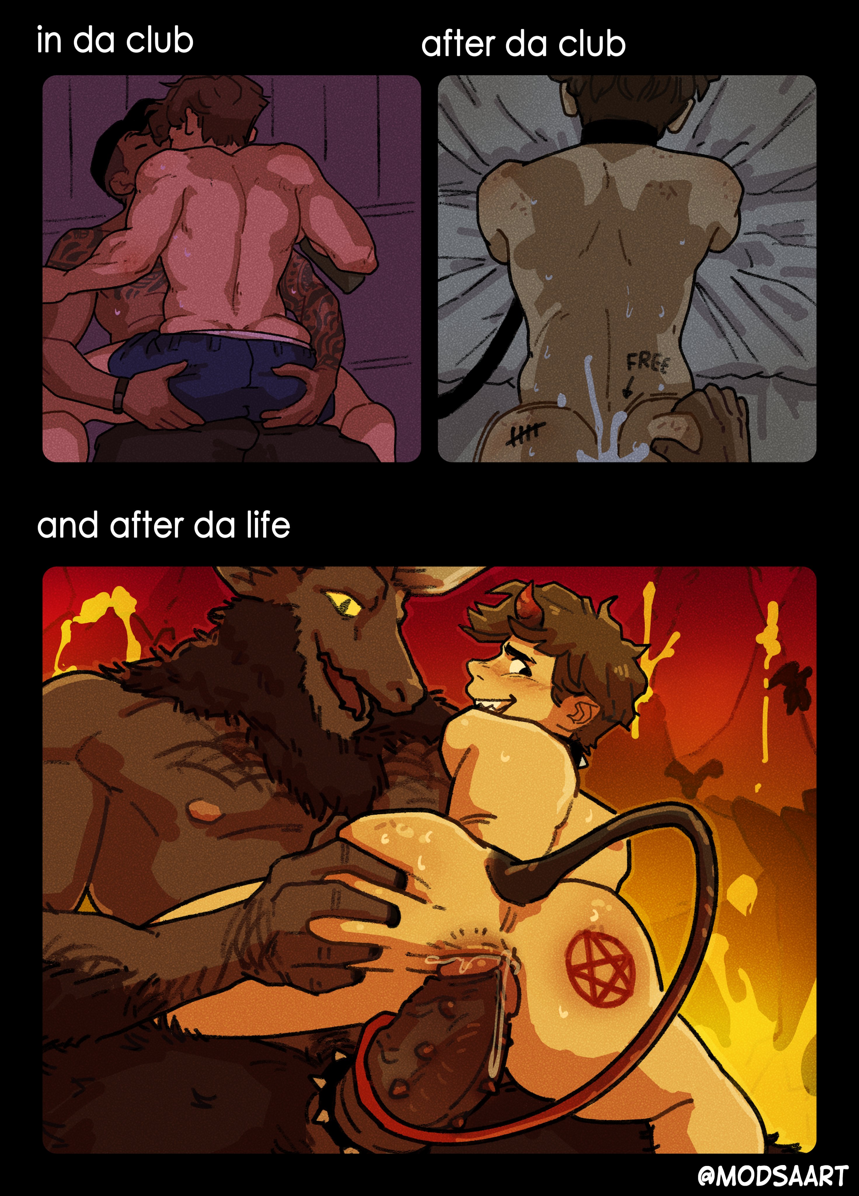 2boys, abs, all fours, anal, anal sex, ass grab, big dom small sub, big penis, body writing, branding mark, club, cum, cum in ass, cum inside, cumming, daddy, demon, demon horns, devil, dilf, doggy style, english, english text, erect penis, erection, fire, gay, gay anal, gay domination, gay male, gay sex, height difference, hell, homosexual, huge cock, interracial, interspecies, kissing, large penis, male, male only, male/male, modsa666, muscular, muscular male, nightclub, nude, nude male, oc, original, original character, pecs, penis, sex, size difference, tattoo, text, text bubble, thick penis, veiny penis, yaoi